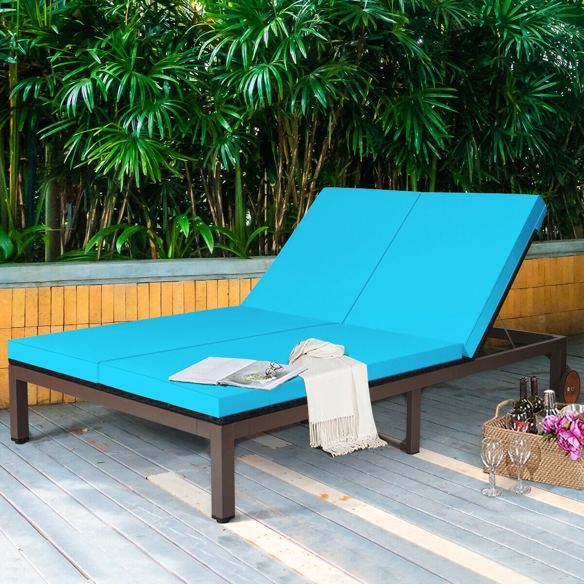 Forclover HYFC-8670CTU+ Ch Patio Daybed Outdoor Chaise Lounges Rattan Brown Steel Frame Spring motion Chaise Lounge Chair with Blue Cushioned Seat
