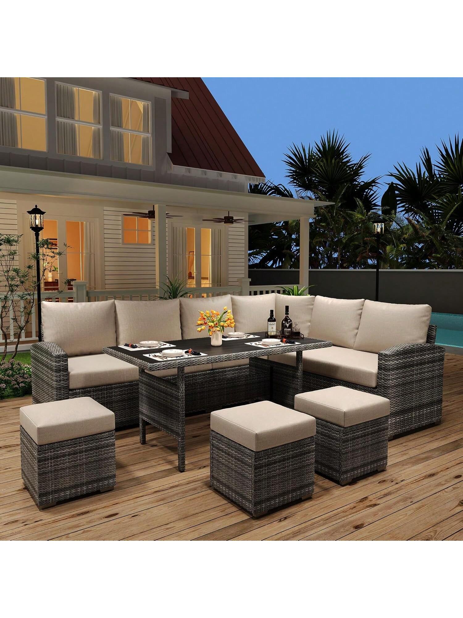 Qeetex PHO-12MGMY53-HF4 Beige Patio Furniture Set 7 Piece Wicker Rattan Outdoor Dining Table and Chair Set with Table. Chairs. Ottoman. Sectional Sofa for Garden. Porch. Backyard. Living Room