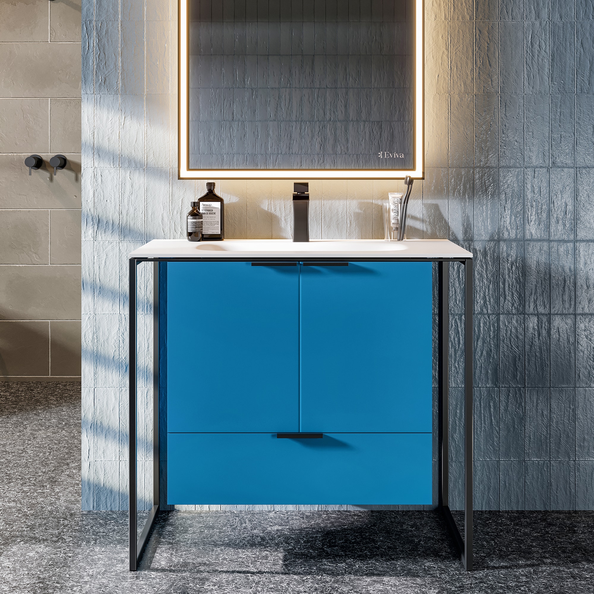 Eviva EVVN120-32BLU Moma 32-in Teal Single sink Floating Bathroom Vanity with White Solid surface Top