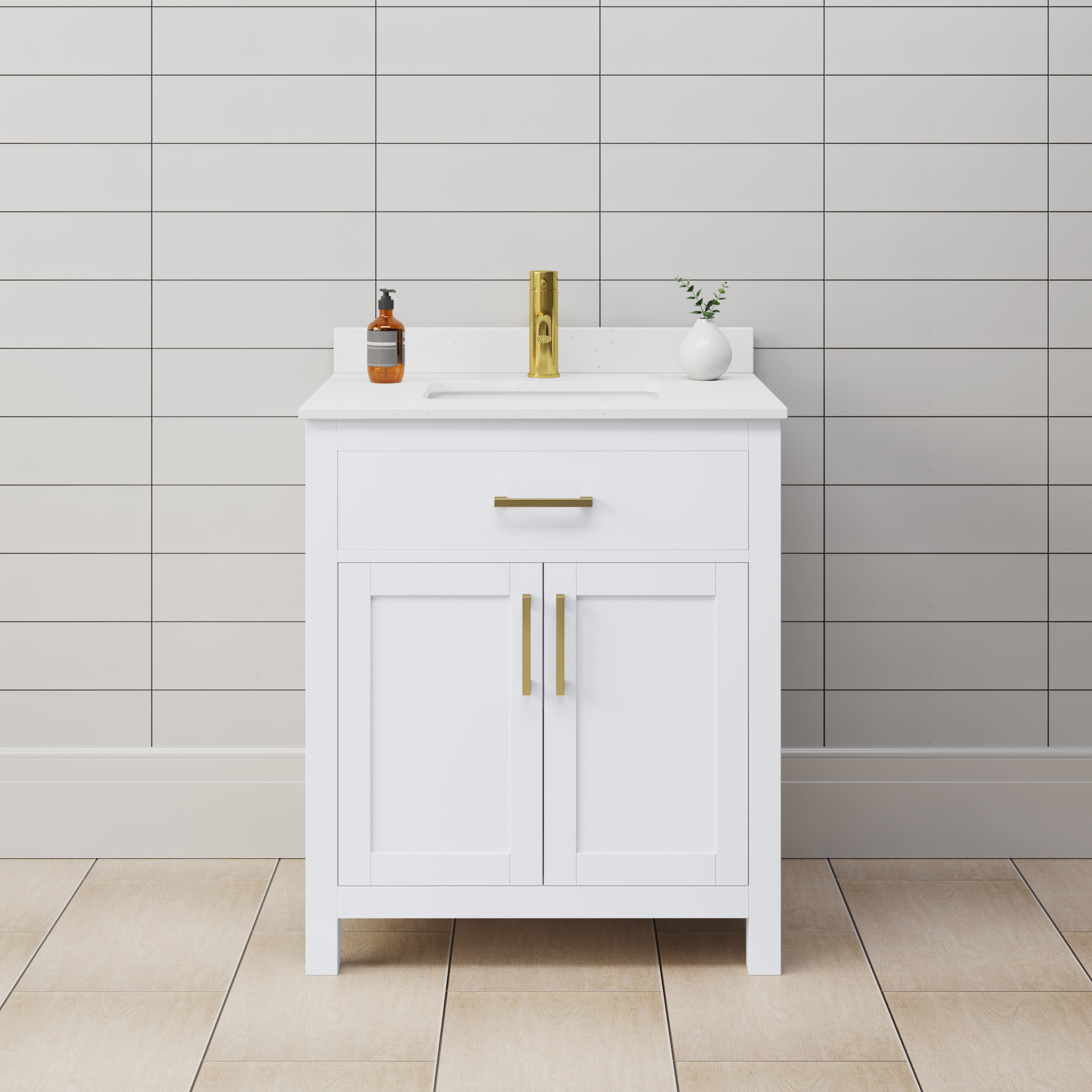Wyndham Collection WCG242430SWGWCUNSMXX Beckett 30-in White with Brushed Gold Trim Undermount Single sink Bathroom Vanity with White Cultured Marble Cultured marble Top