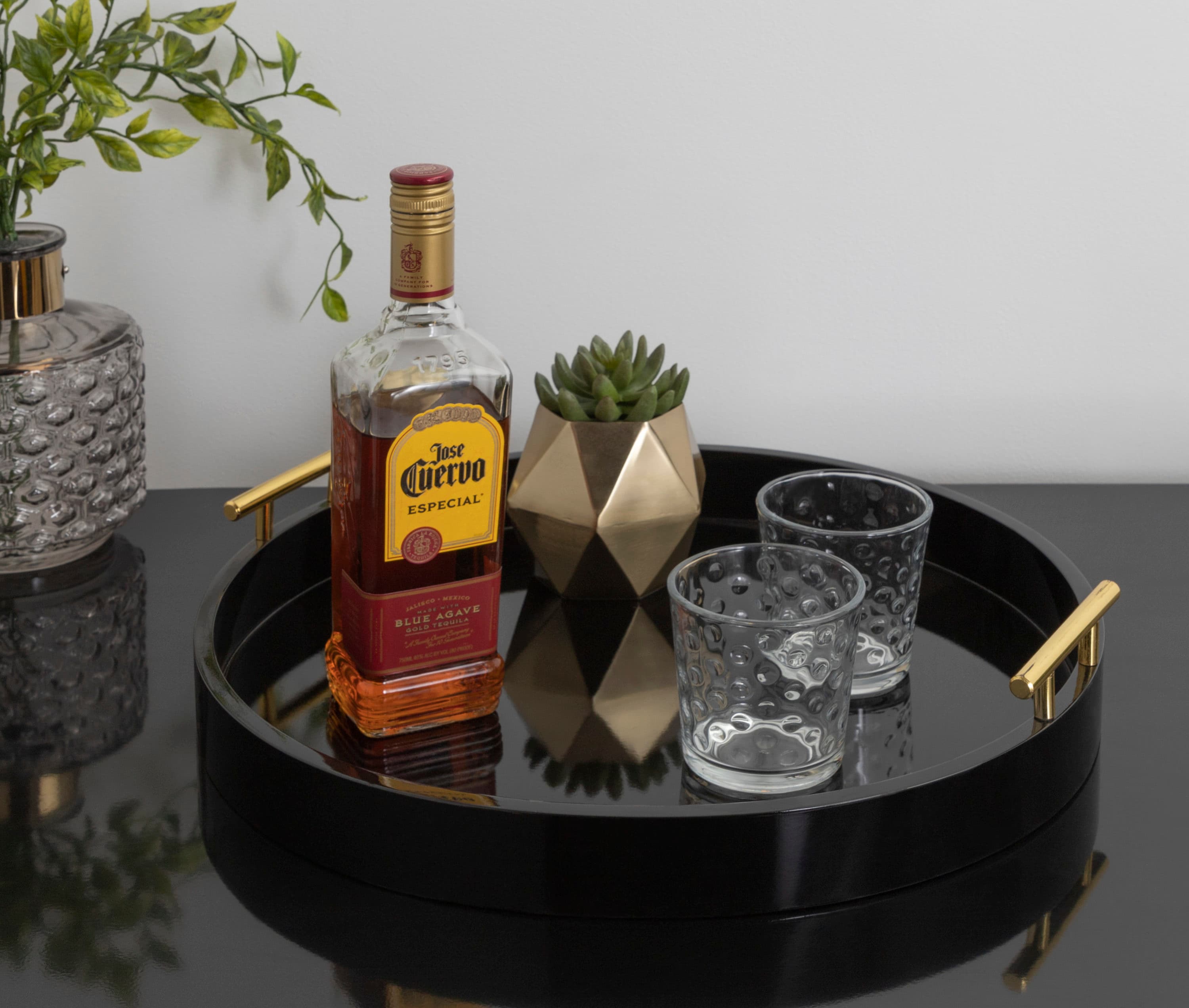 Glamorous Round Black and Gold Wood Accent Tray, 18" Diameter