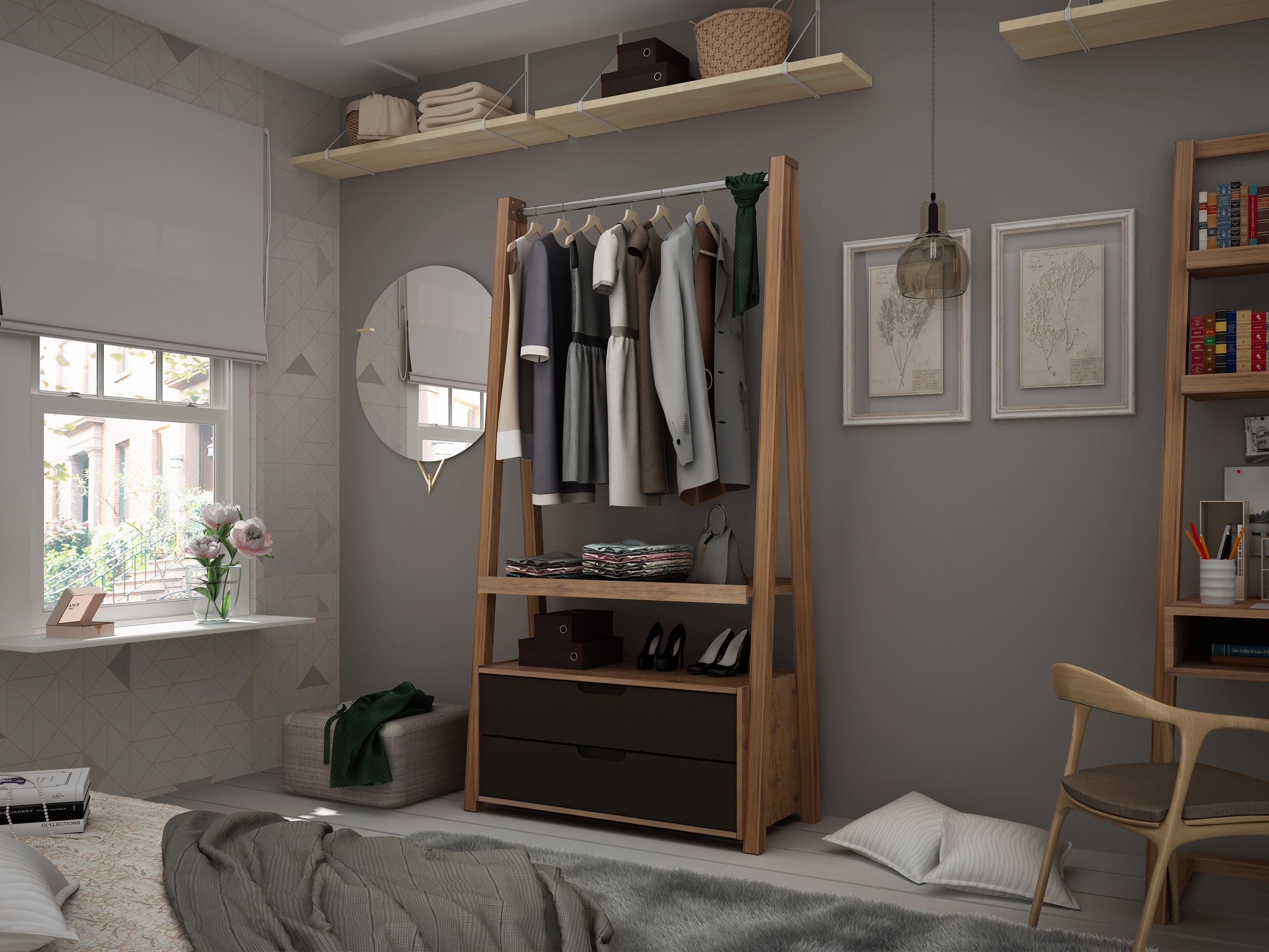 Manhattan Comfort 105GMC7 Rockefeller Nature and Textured Grey Armoire