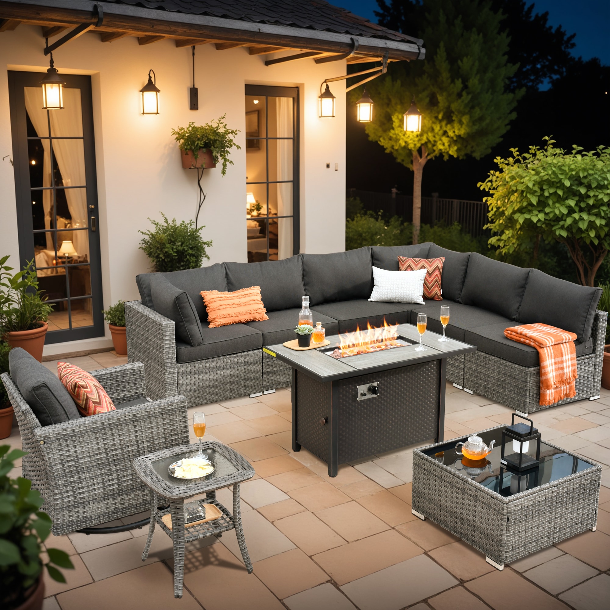 XIZZI XIHOPS105-RC1IFP Sunrise 10-Piece Rattan Patio Sofa Conversation Set with Black Cushions