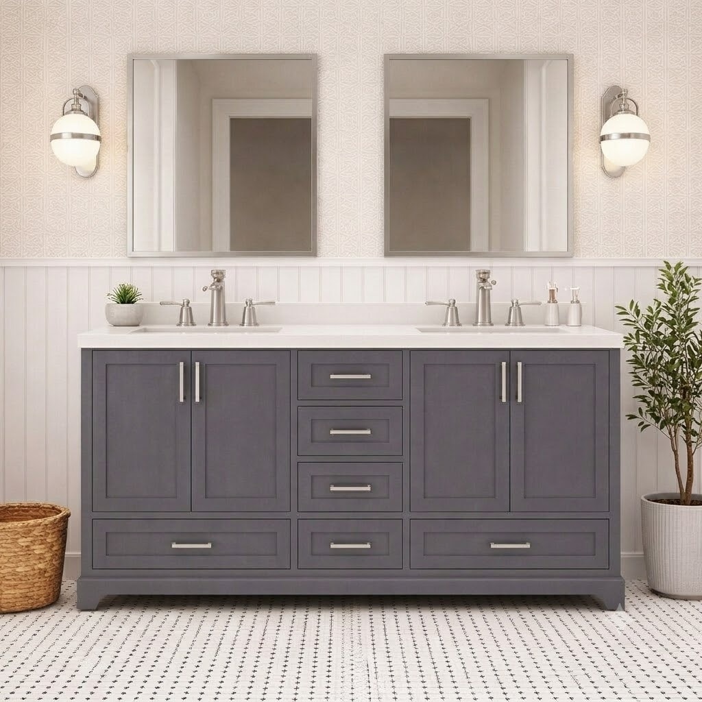 Ayna Decors Maya 60-in Charcoal Grey Undermount Double Sink Bathroom Vanity with White Quartz Top (Fully Assembled)