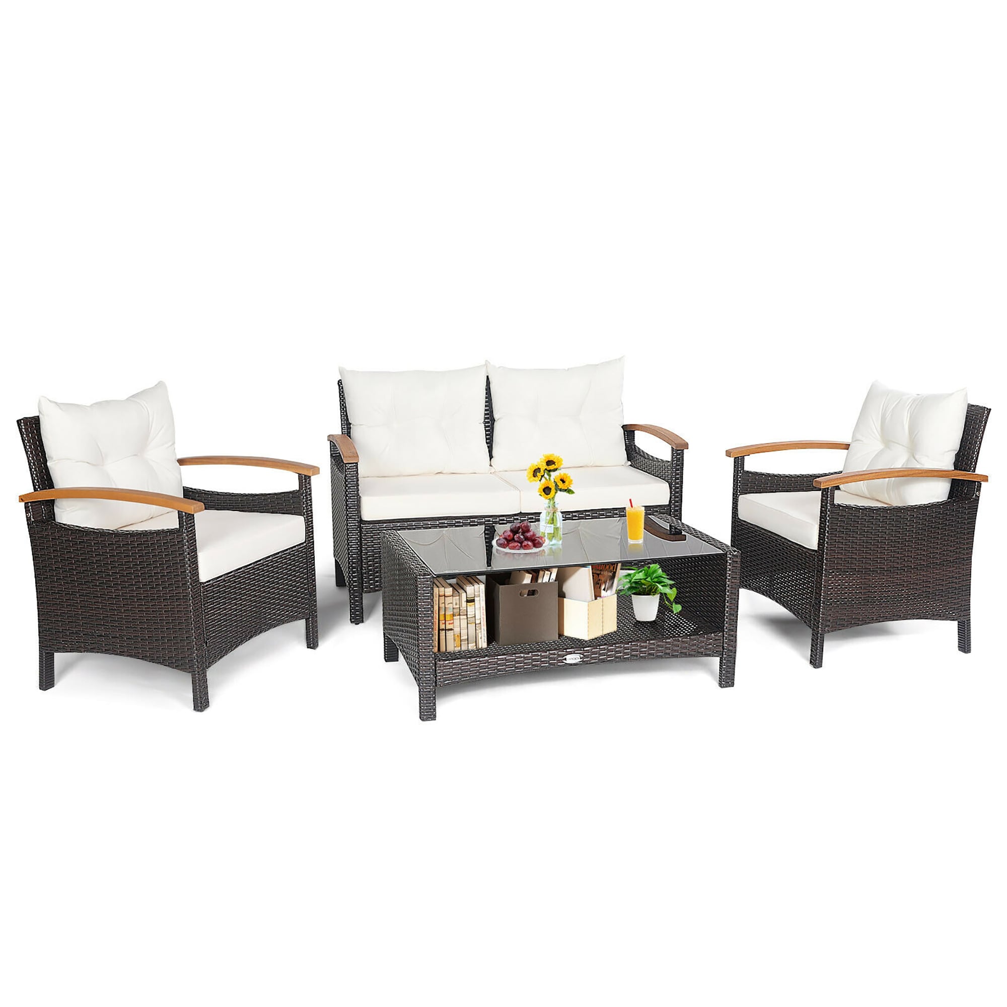 Forclover HYFL-69WH 4 Pieces Patio Rattan Furniture Set with Cushioned Sofa and Storage Table 4 -Piece Rattan Patio Conversation Set with Off-white Cushions