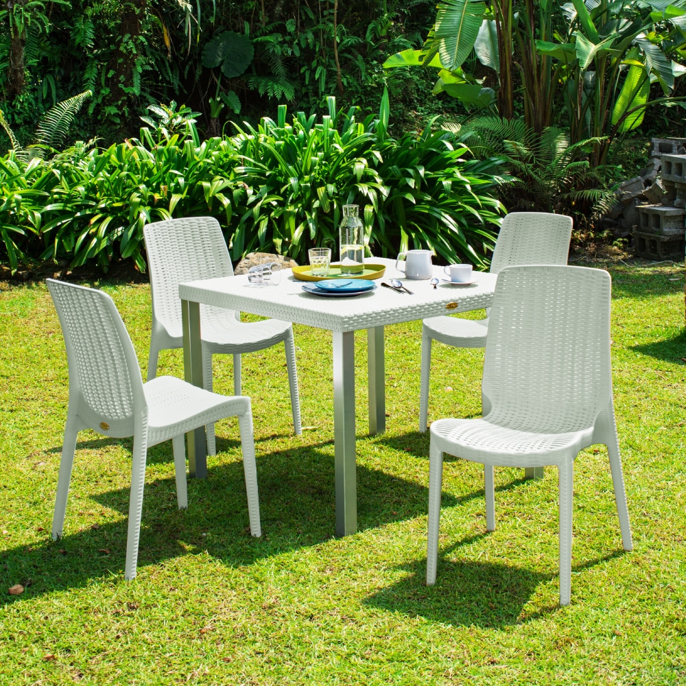 Lagoon 17020W8-47025W8 5 -Piece White Patio Dining Set Resin Square Table with 4 Stackable Stationary Chairs