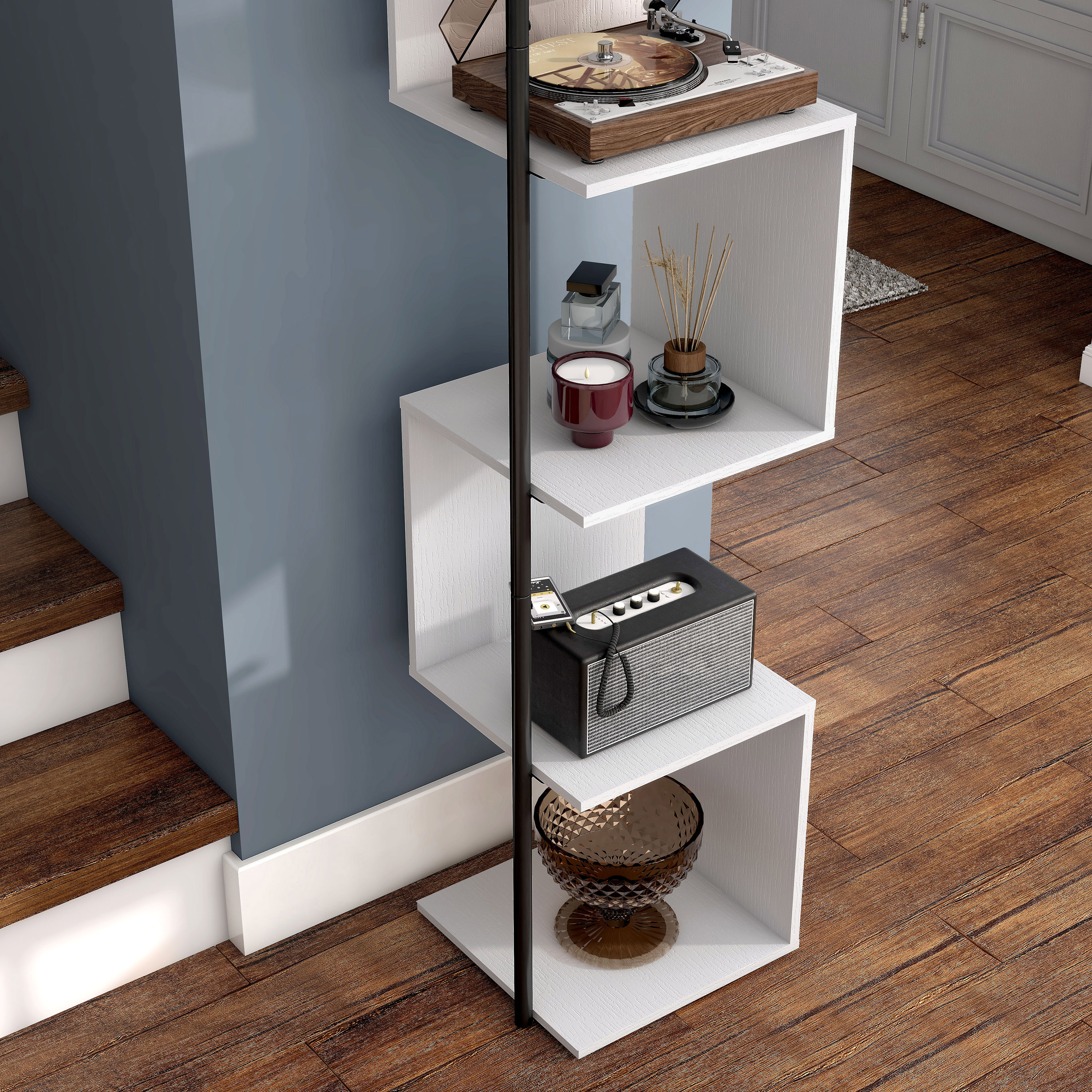 White Wood 5-Tier Corner Bookcase with Metal Support