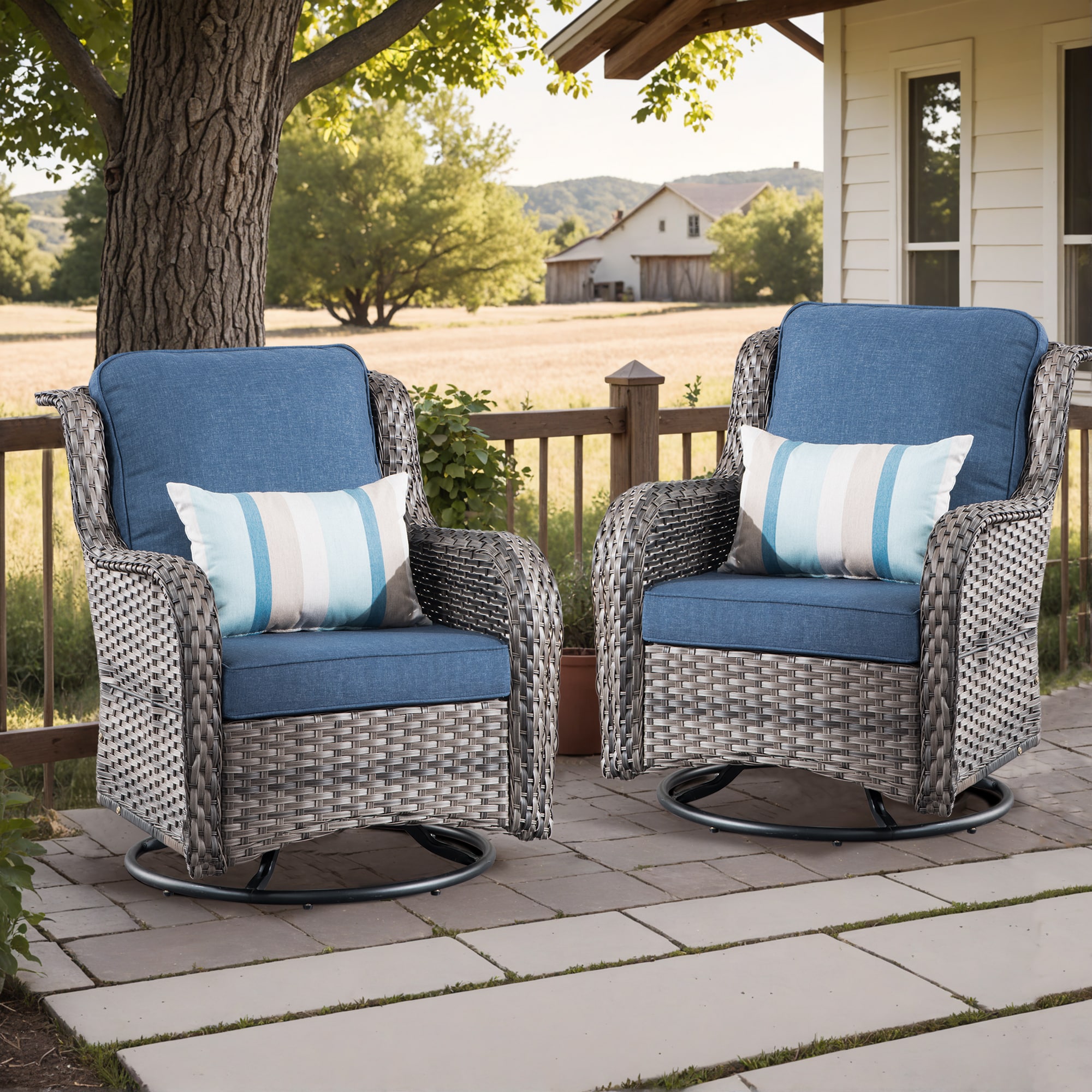 Pouuin SYZGNTC302 Set of 2 Wicker Gray Metal Frame Swivel rocker Rocking Chair with Blue Cushioned Seat