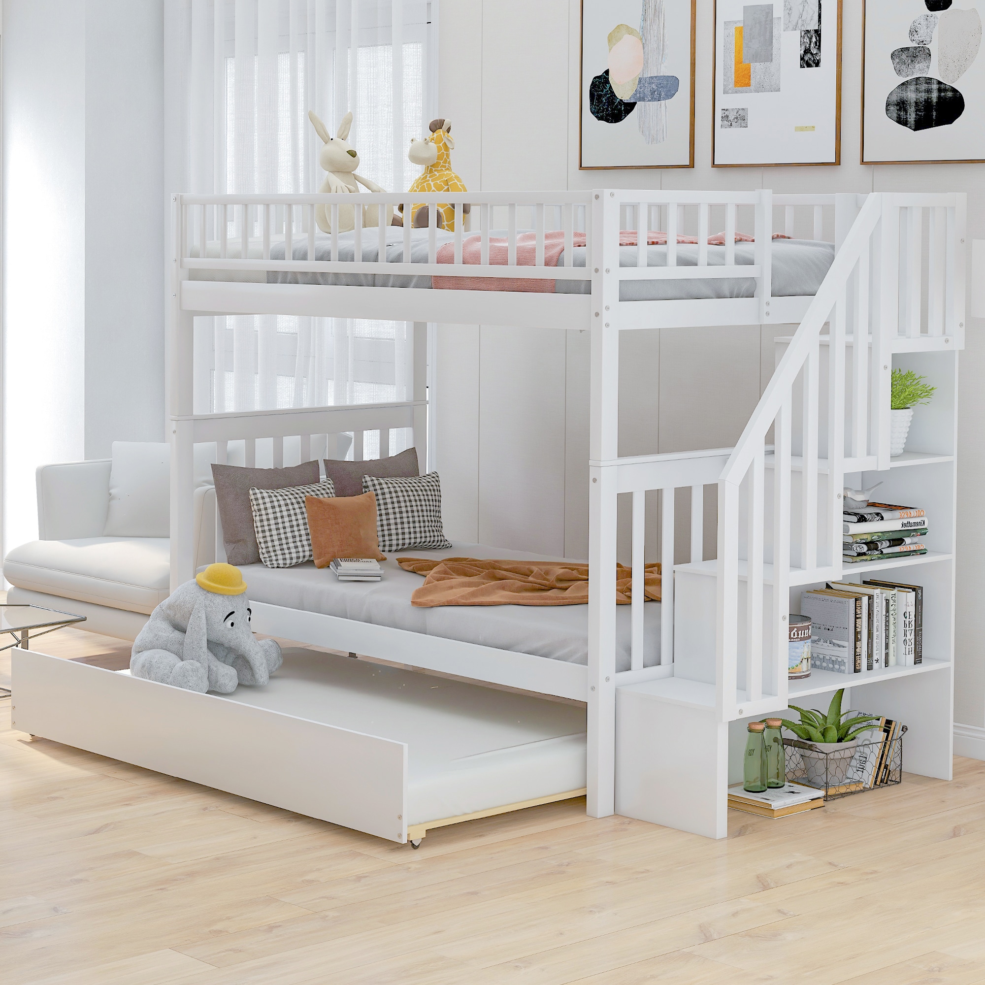 White twin over twin bunk bed with trundle sales