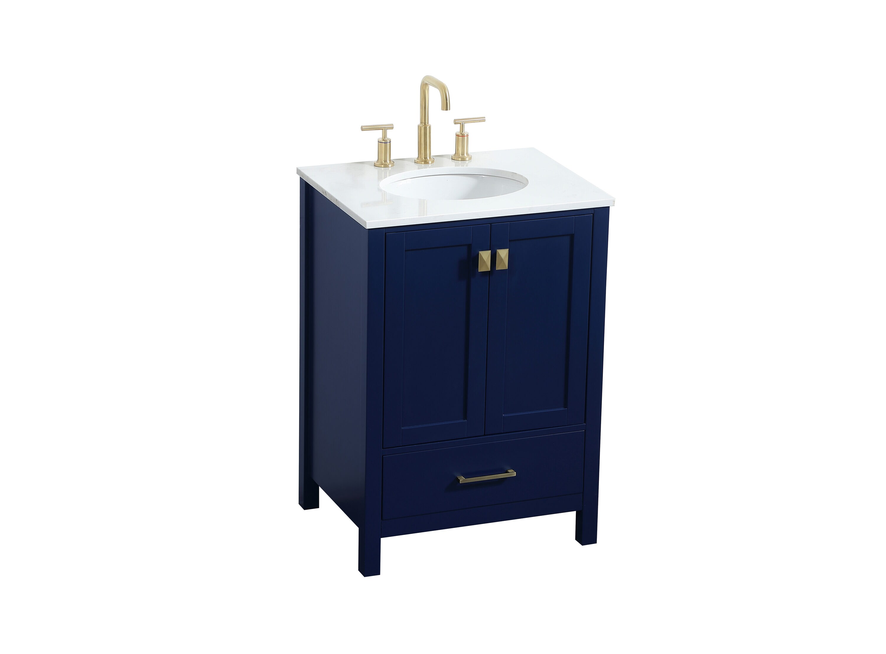 Blue MDF Single Bathroom Vanity with Gold Pulls and Quartz Top