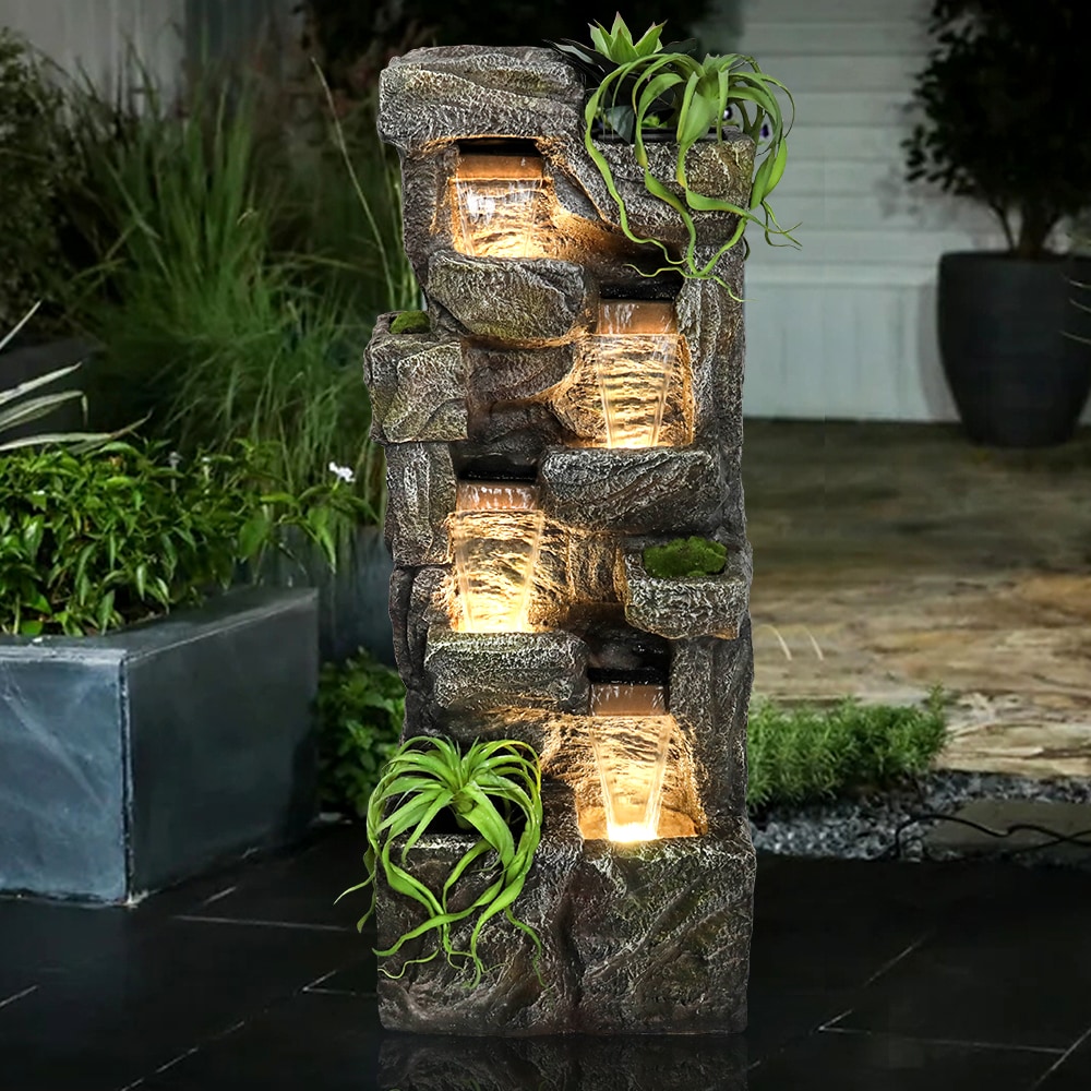 Watnature SJ51074-LWS-DXC 55.5-in H Concrete Rock Waterfall Outdoor Fountain Pump Included
