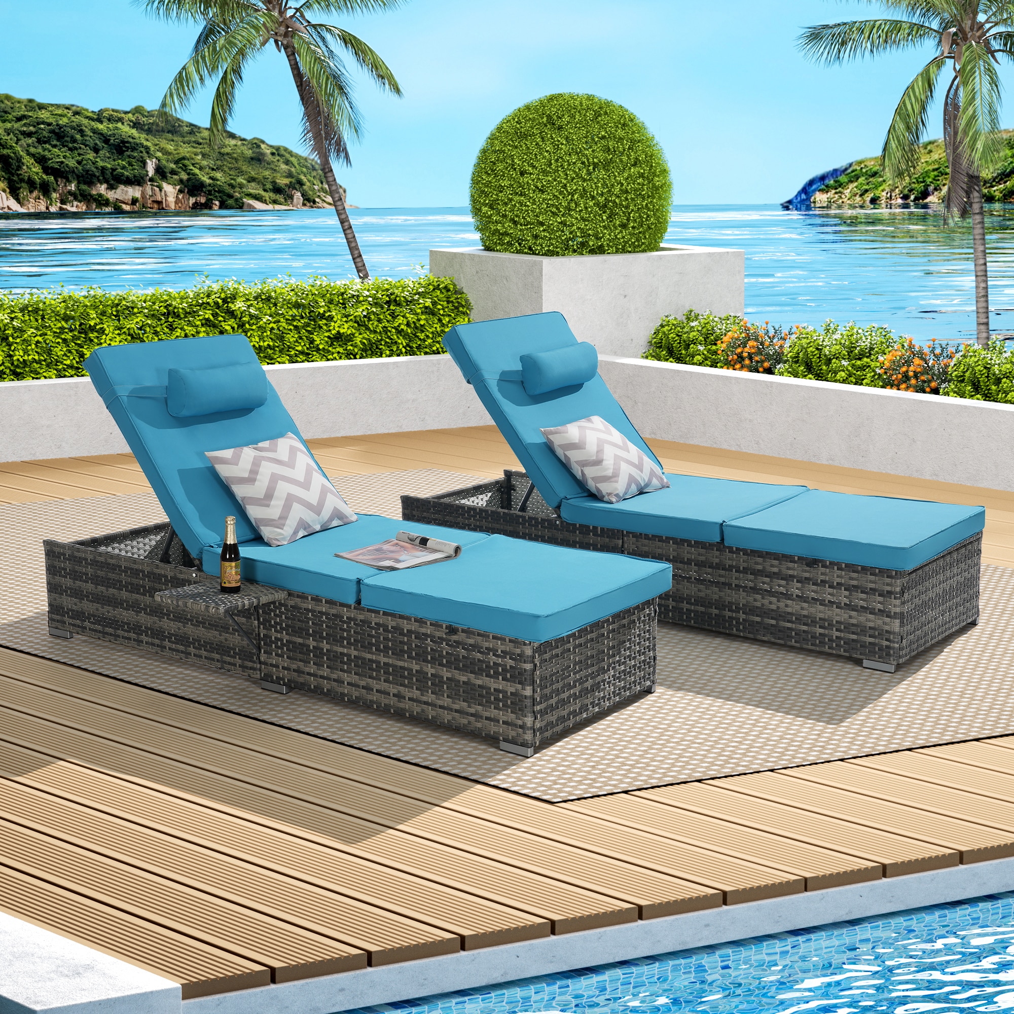 Sunrinx MG12-PFF-21 Set of 2 Rattan Light Blue Metal Frame Stationary Chaise Lounge Chair with Light blue Woven Seat