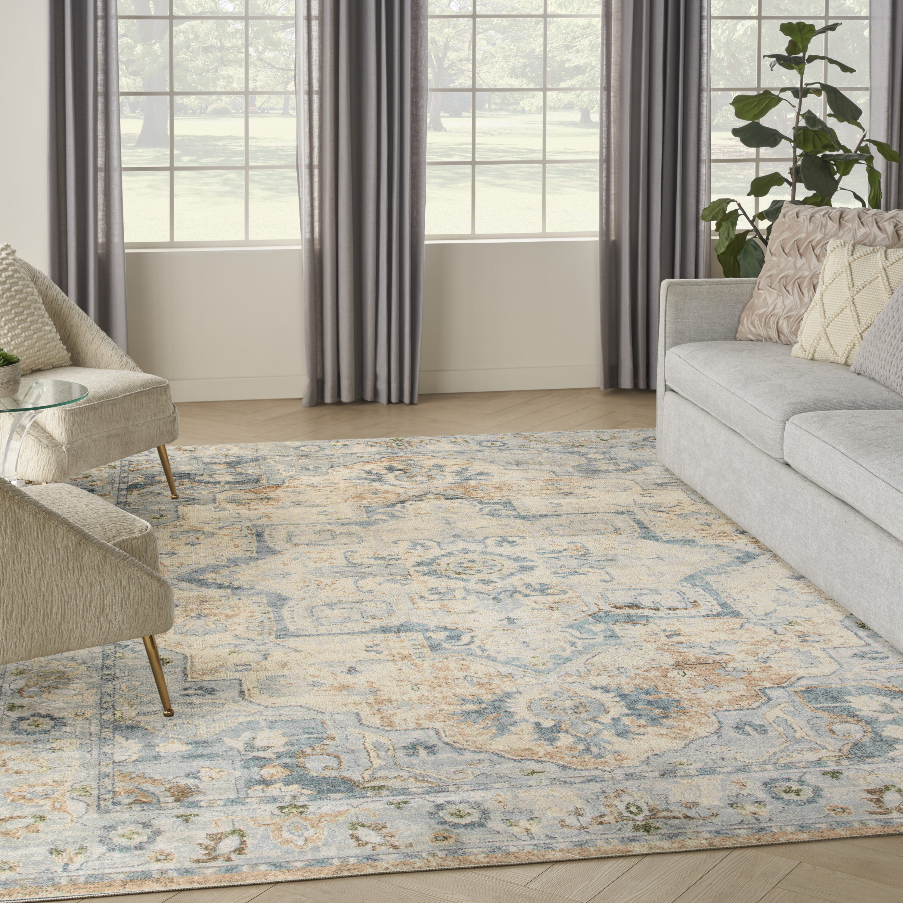 Nourison Home 099446944733 Astra Machine Washable 8 x 10 (ft) Loomed Polyester Beige Blue Rectangular Indoor Medallion Vintage Machine washable Area rug