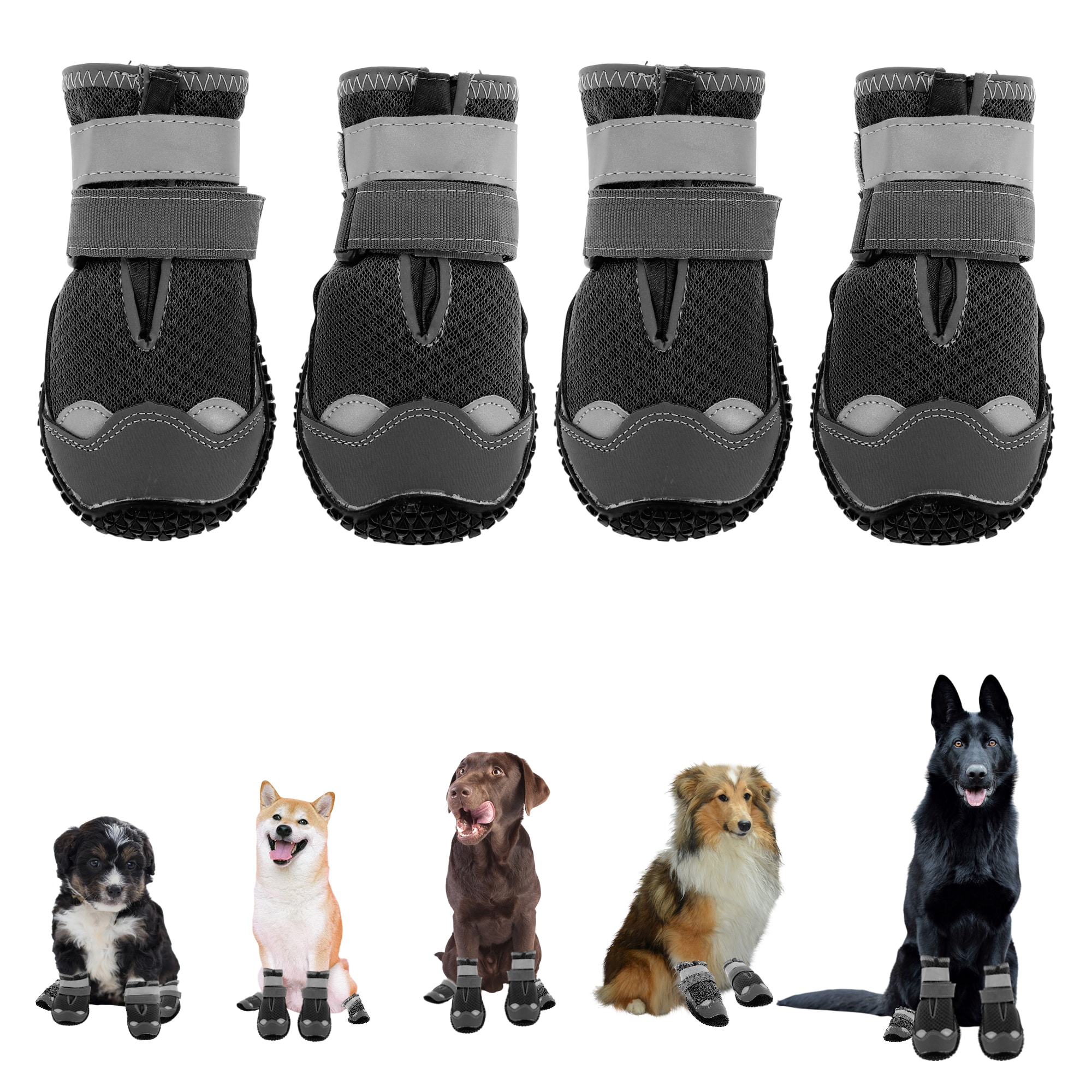 Unique Bargains 4pcs Dog Boots Reflective Waterproof Dog Shoes Anti-Slip Outdoor Dog Shoes for Small Medium Dogs Size7 Black