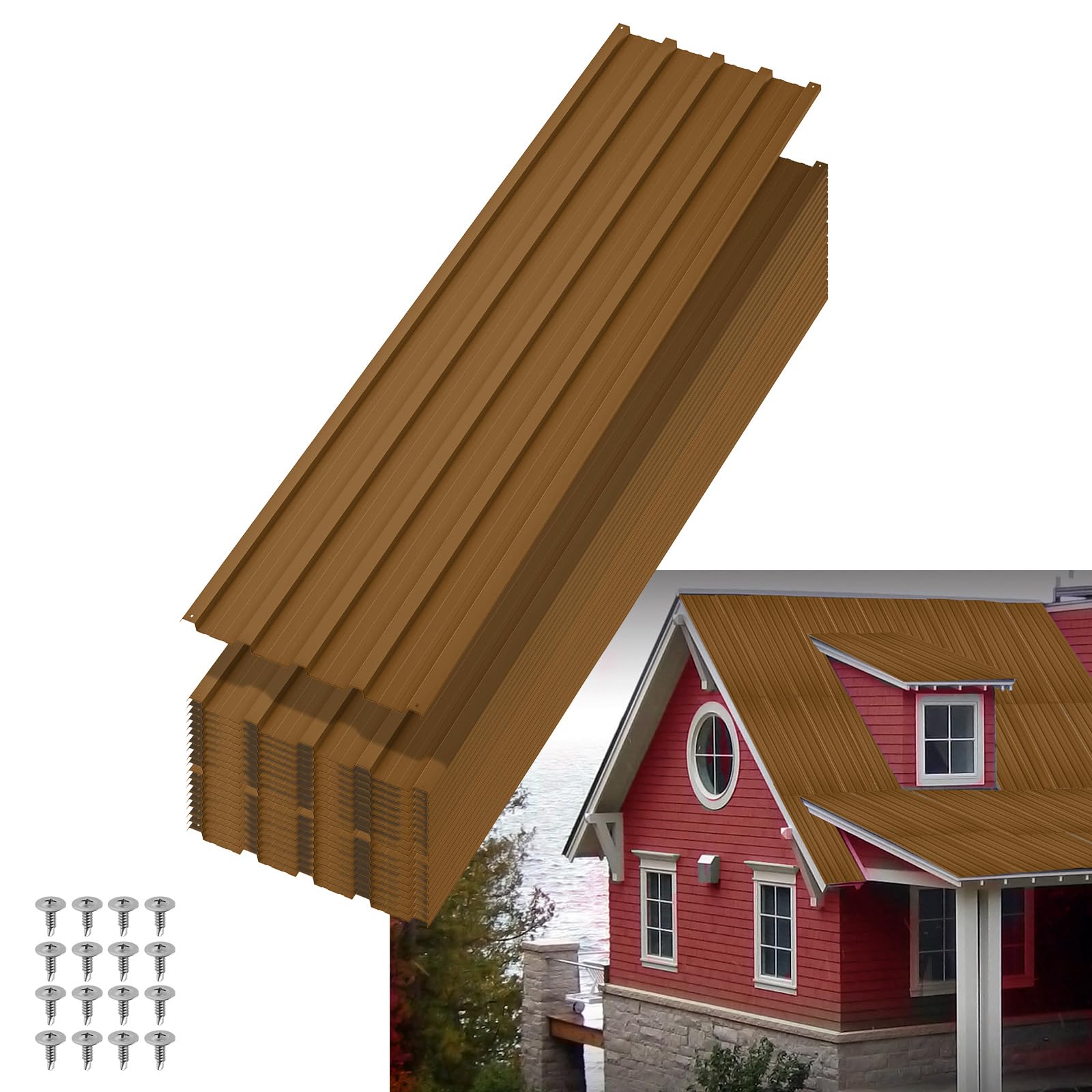 IdealHouse 6.1ft Heavy Duty Corrugated Metal Roofing Panels - Galvanized Steel Waterproof Weather Resistant - Easy to Install - Ideal for Carport Garage Outbuilding Warehouse Porch Pergola Patio - Brown - 20pcs