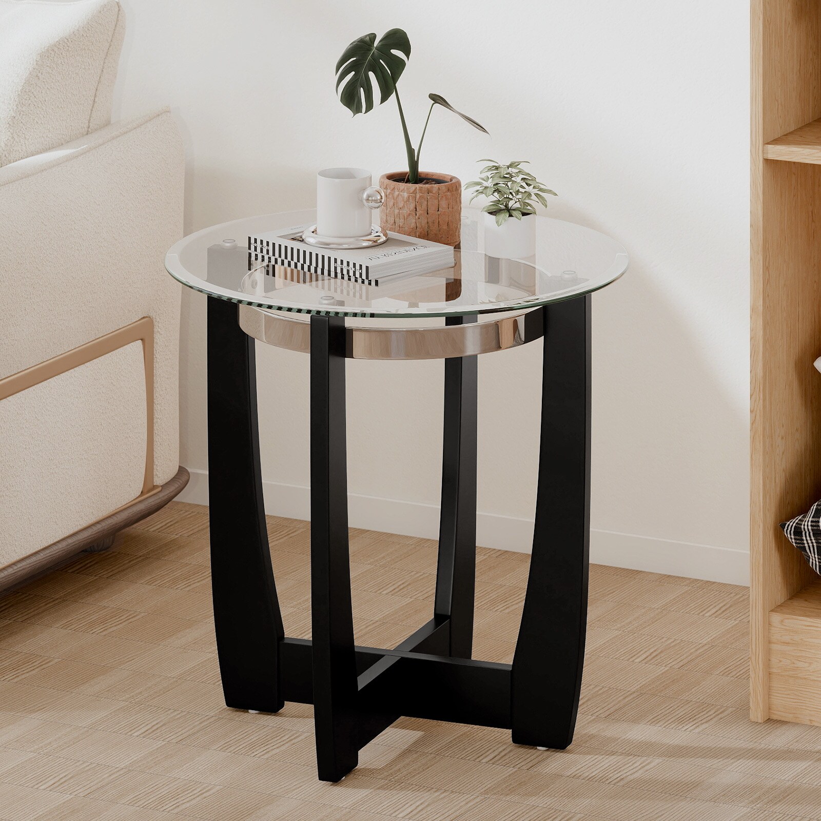 Volenca 24-in Round Tempered Glass Side Table with Solid Rubber Wood ...