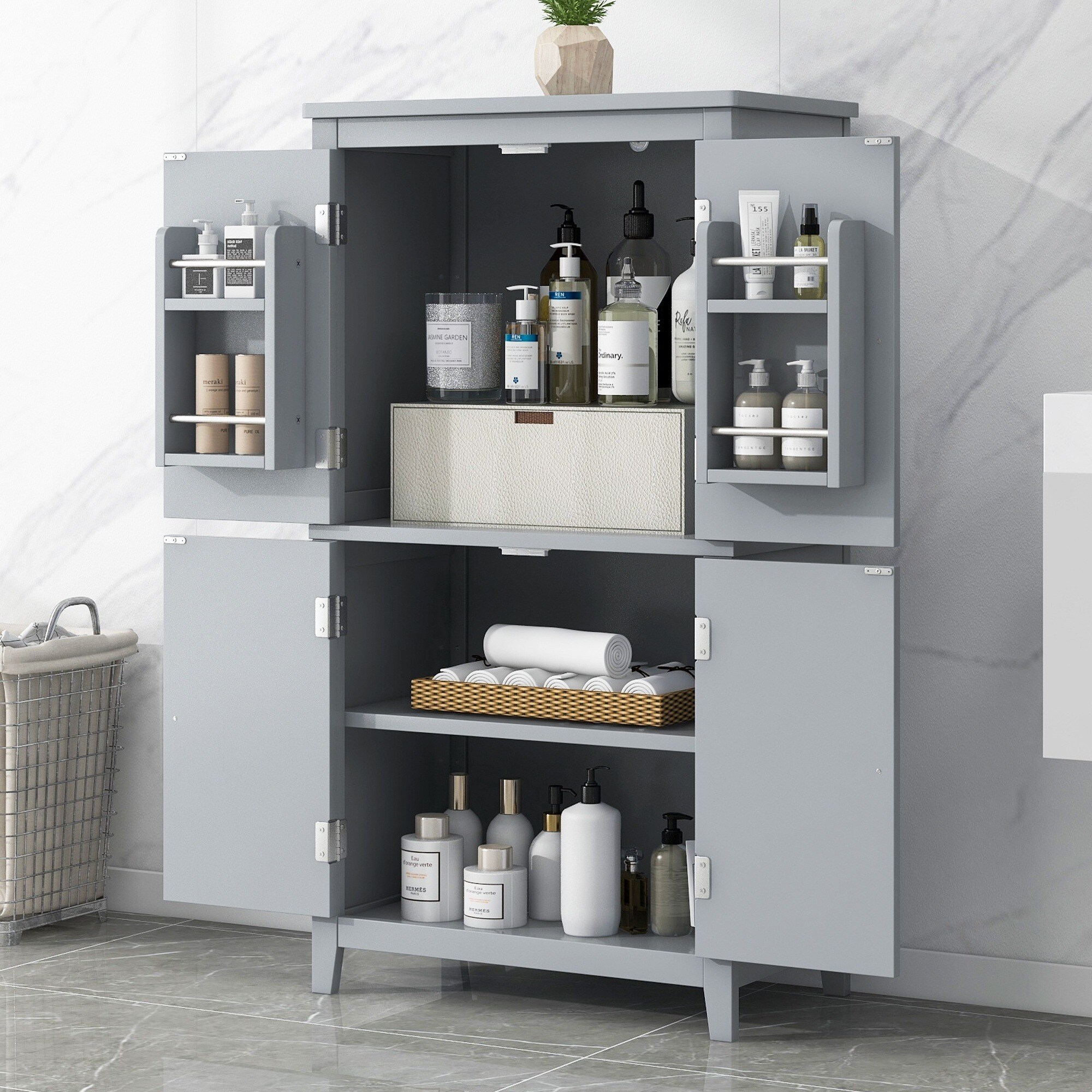 IAK - 24 inch x 12 inch x 43 inch Grey Painted MDF Freestanding Linen Cabinet with 4 Doors and Ad...
