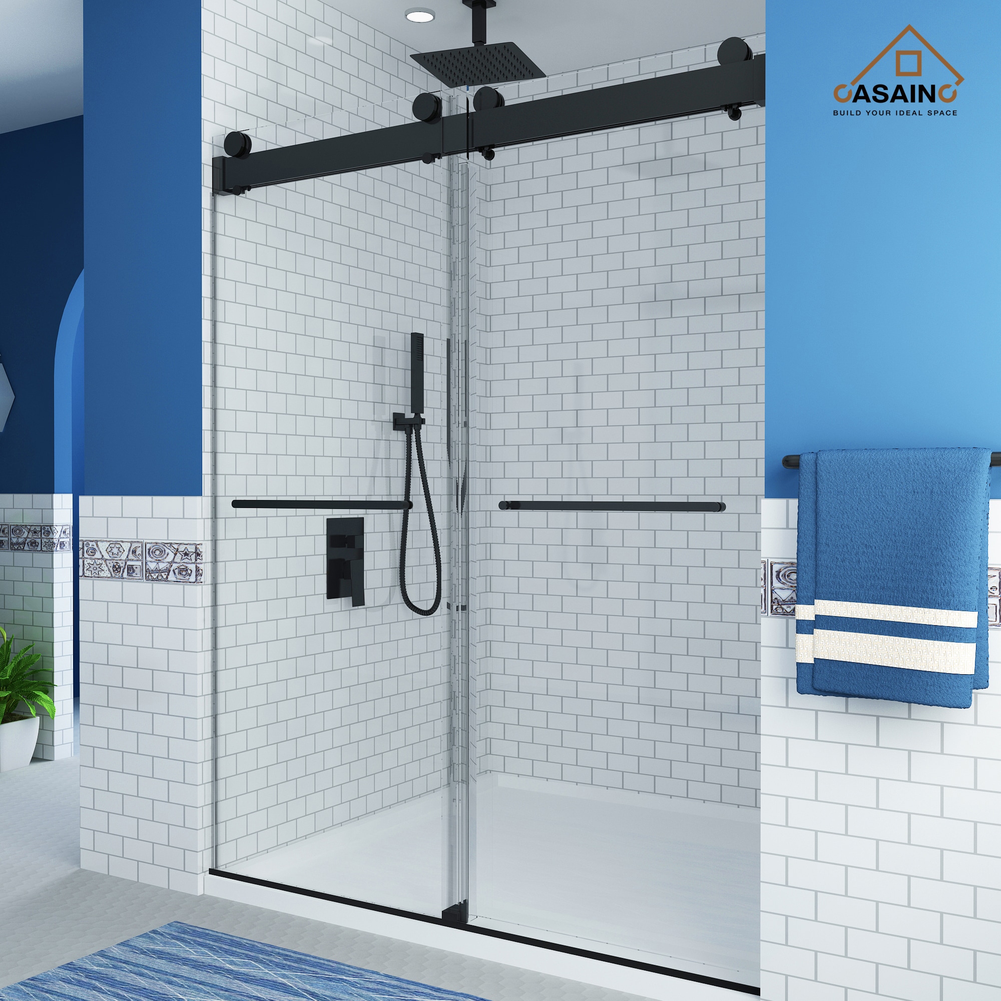 CASAINC CAMB02-60 Sliding Frameless Shower Door Matte Black 60-in W x 76-Inches H Frameless Standard Sliding Shower door 3/8-in Thick Clear Glass