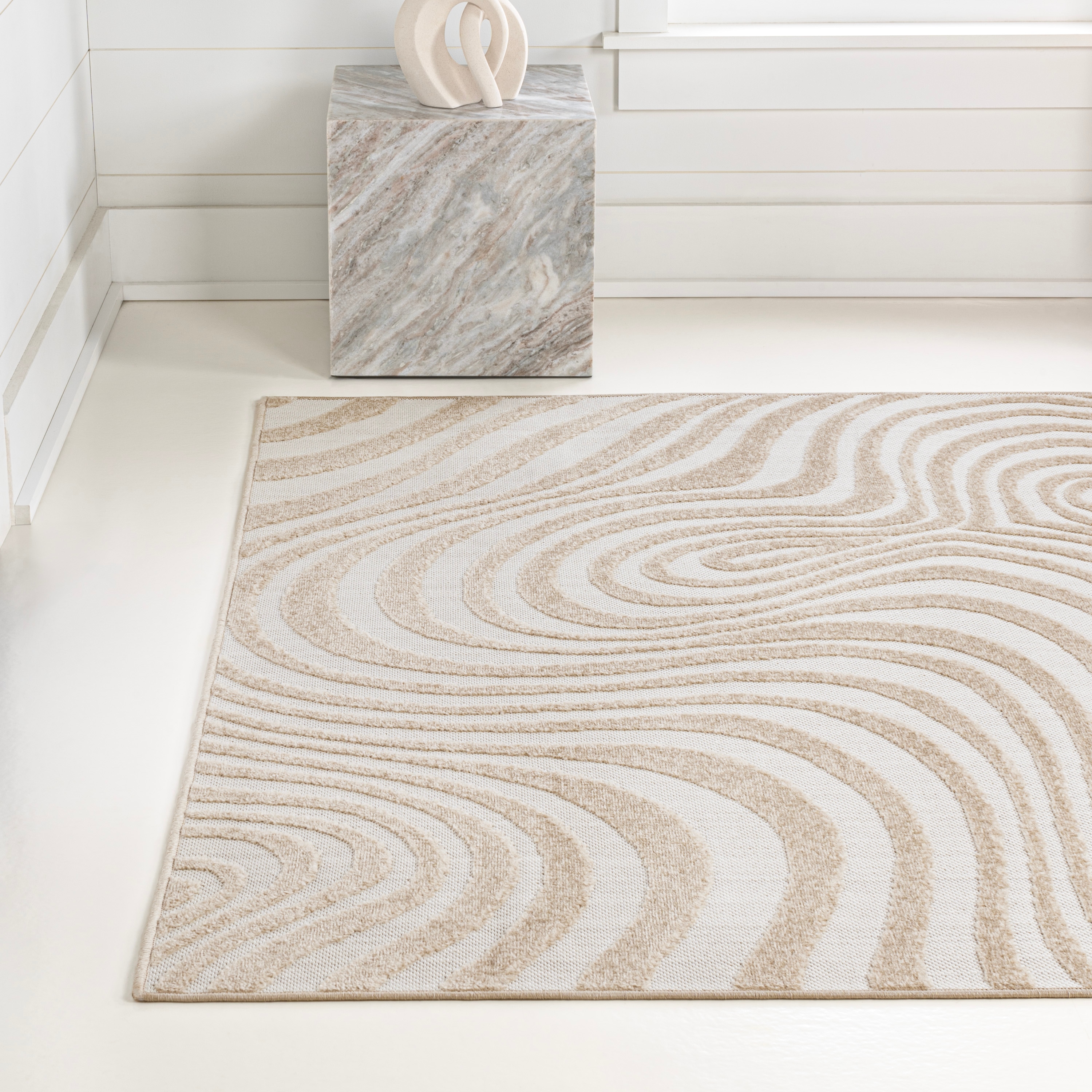 Beige and Cream High-Low Striped 3x5 Synthetic Area Rug