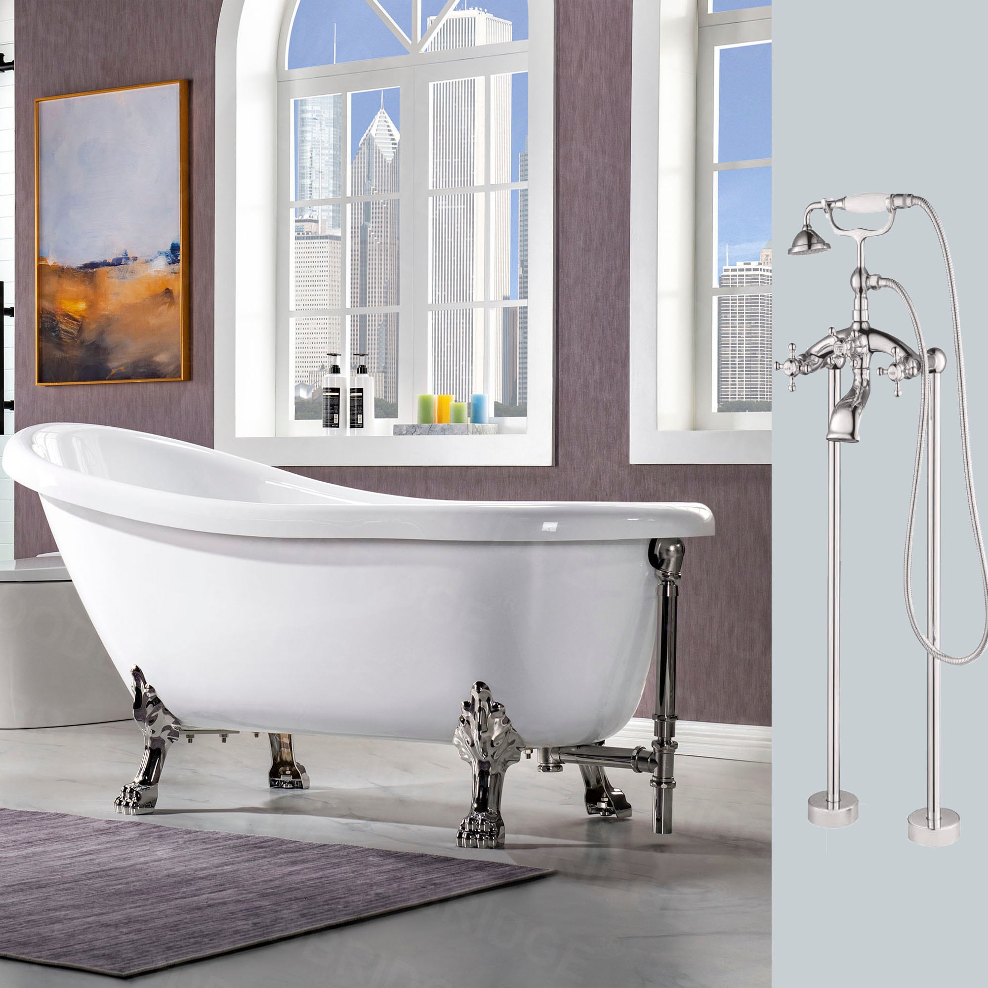 Woodbridge Albi 29.875-in x 67-in White with Brushed Nickel Trim Acrylic Oval Clawfoot Soaking Bathtub with Faucet and Drain (Reversible Drain) -  LB190