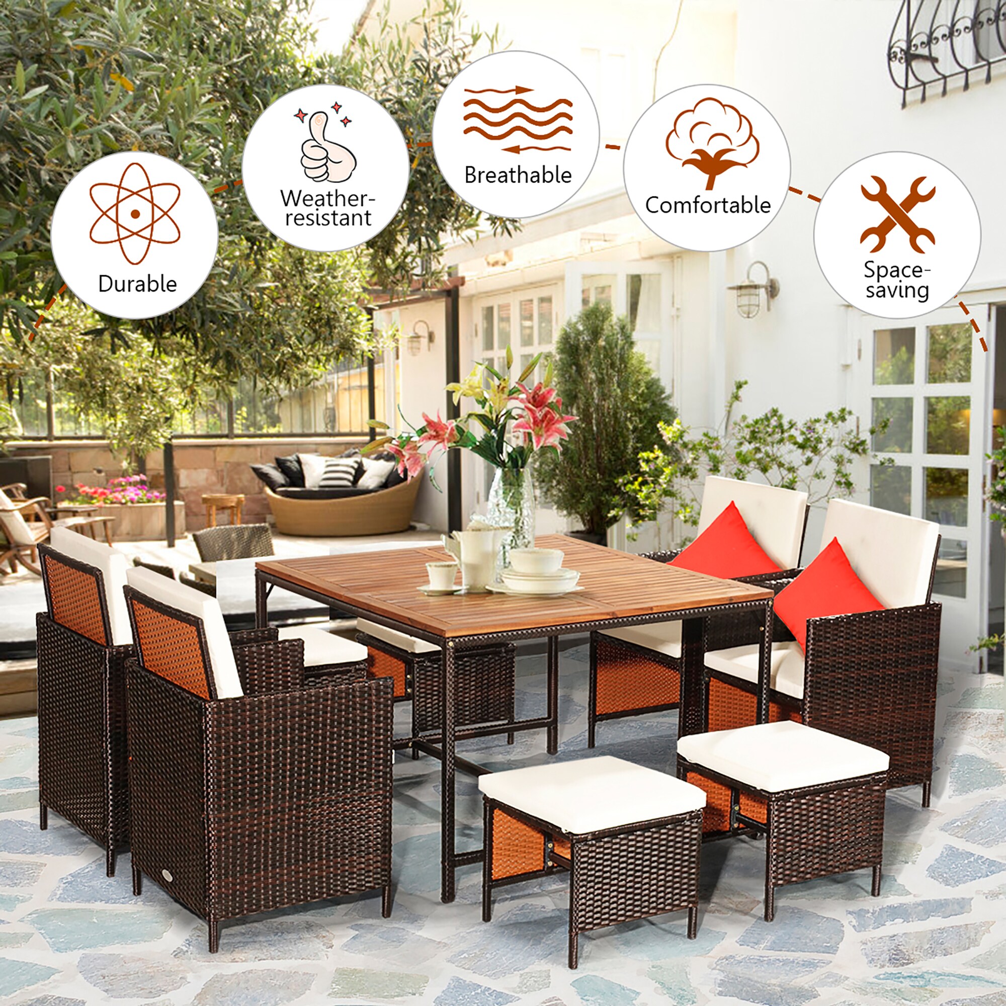 9-Piece White Cushioned Rattan Outdoor Dining Set with Wood Table