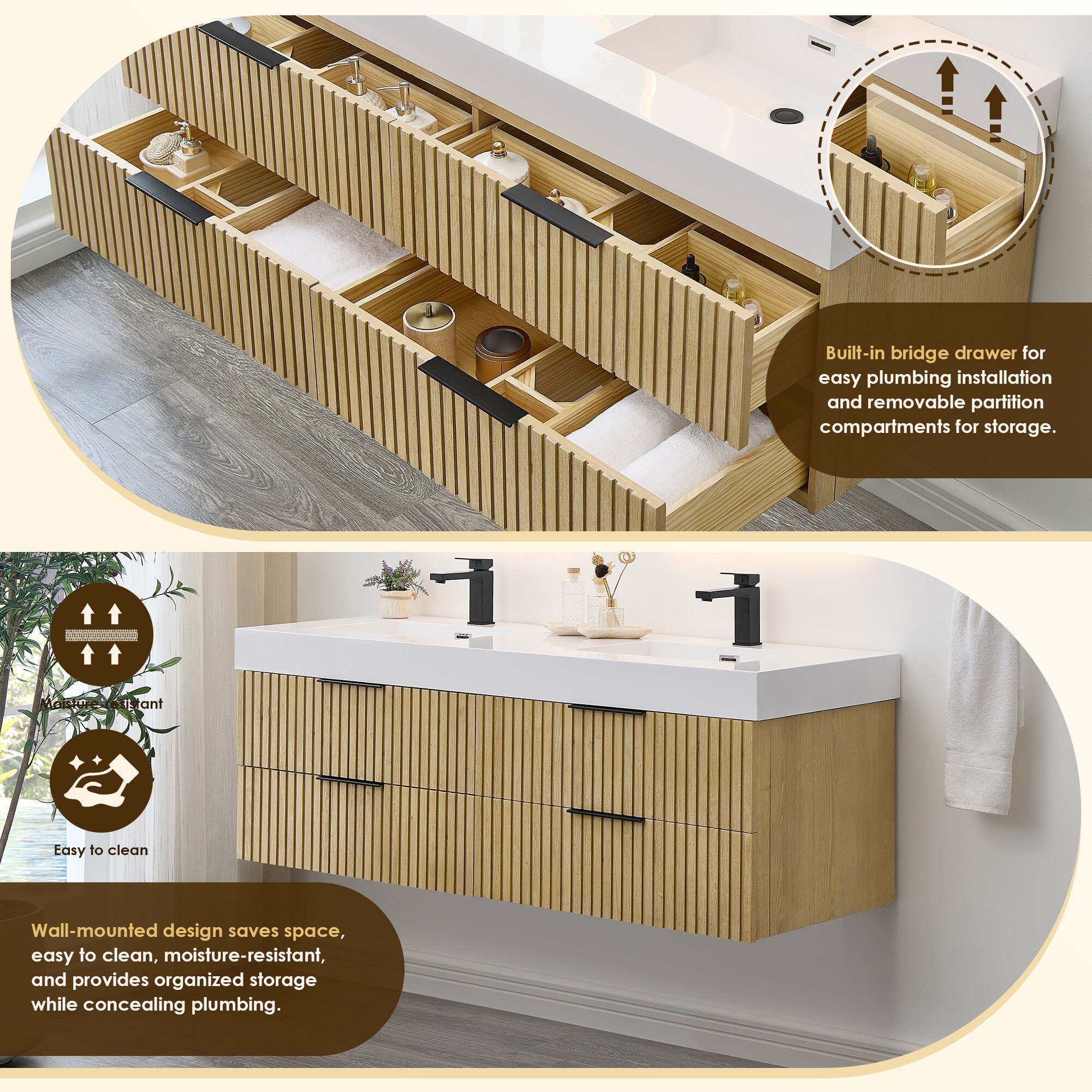 Livia 60" Nature Brown Fir Wood Wall-Mounted Vanity