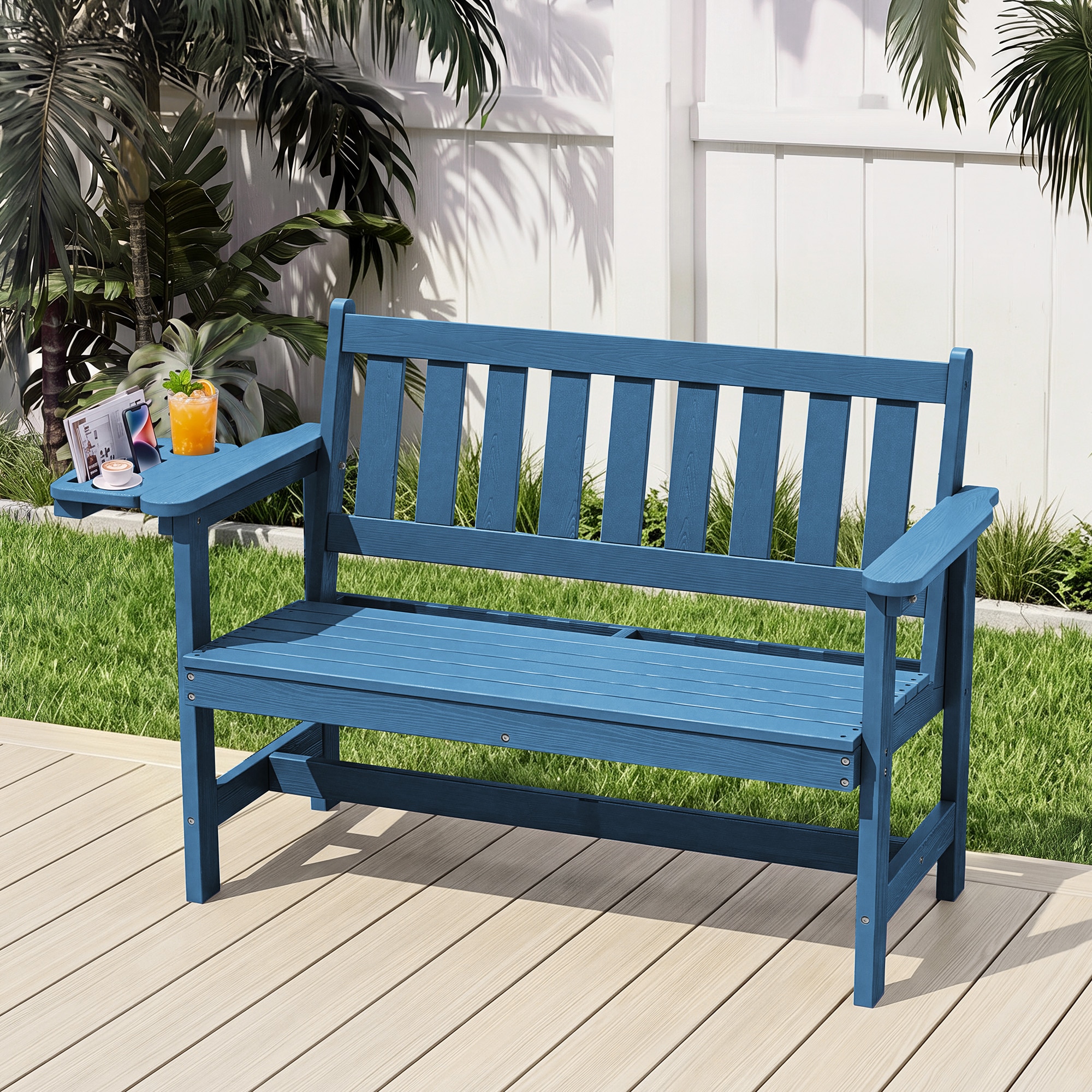 JEAREY HDPE 2-Person Patio Bench with Side Holder 49.41-in W x 35.04-in H Navy HDPE Garden Bench