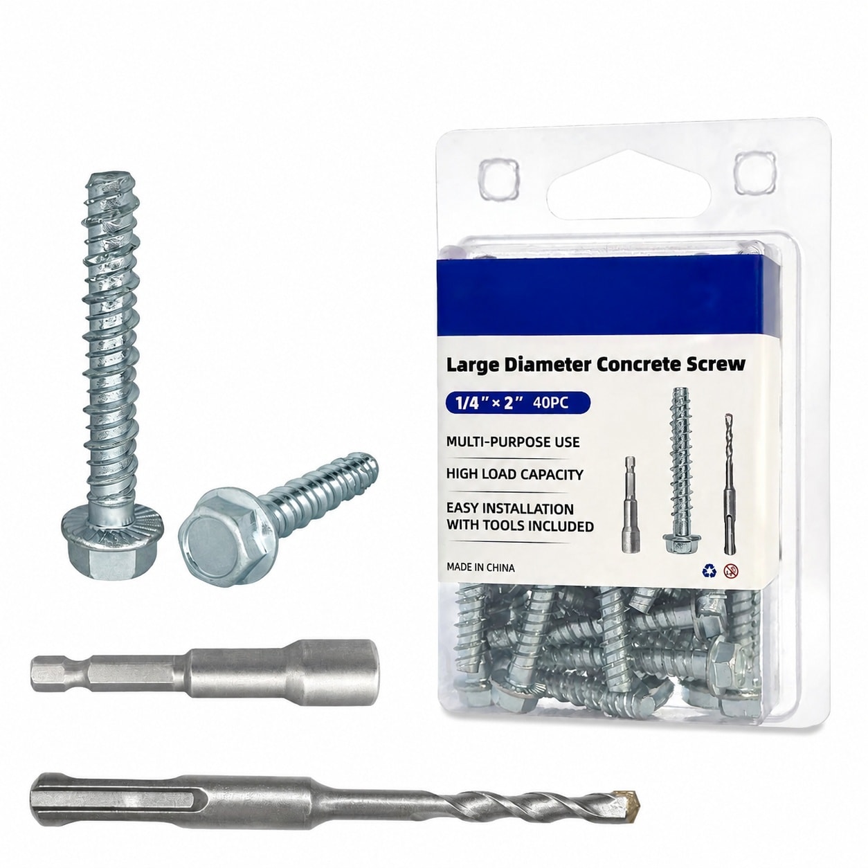 Aoibox  1 4 x 2 Inch Large Diameter Zinc Plated Concrete Screws with Hex Socket Drill Bit Driver 40 Pack