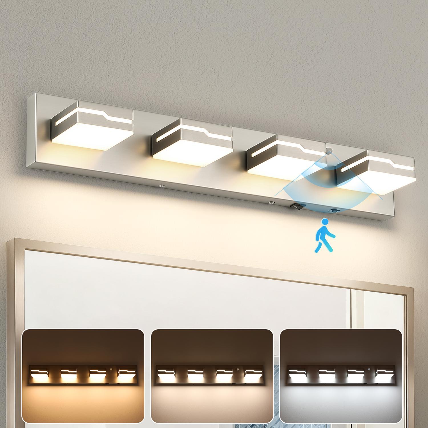 GIBUOD Modern Elegant 25.6 in. 4-Light LED Vanity Light Brushed Nickel Finish with Adjustable Color Temperature and Motion Sensor