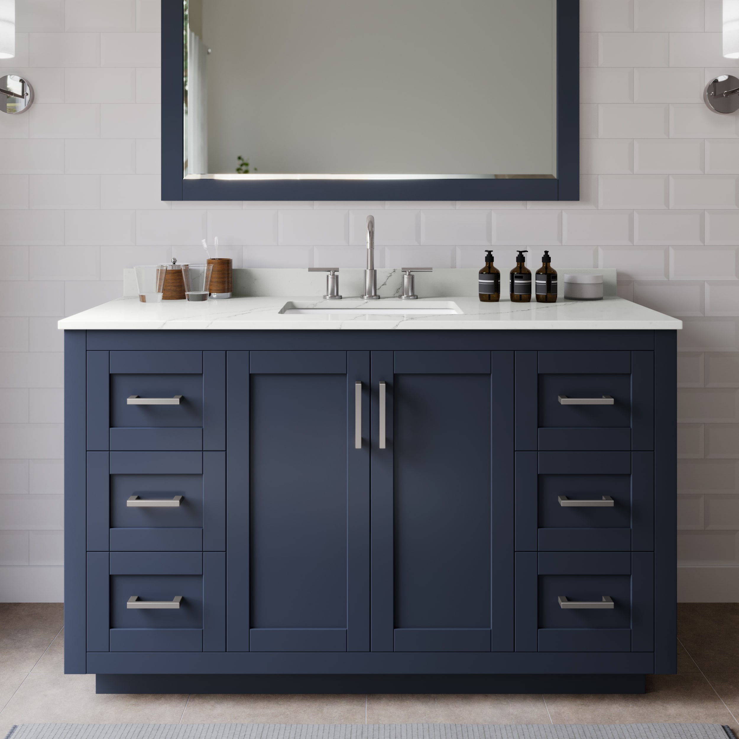 Wyndham Collection WCF292954SBNGTUS3MXX Miranda 54-in Dark Blue Undermount Single Sink Bathroom Vanity with Giotto Quartz Top