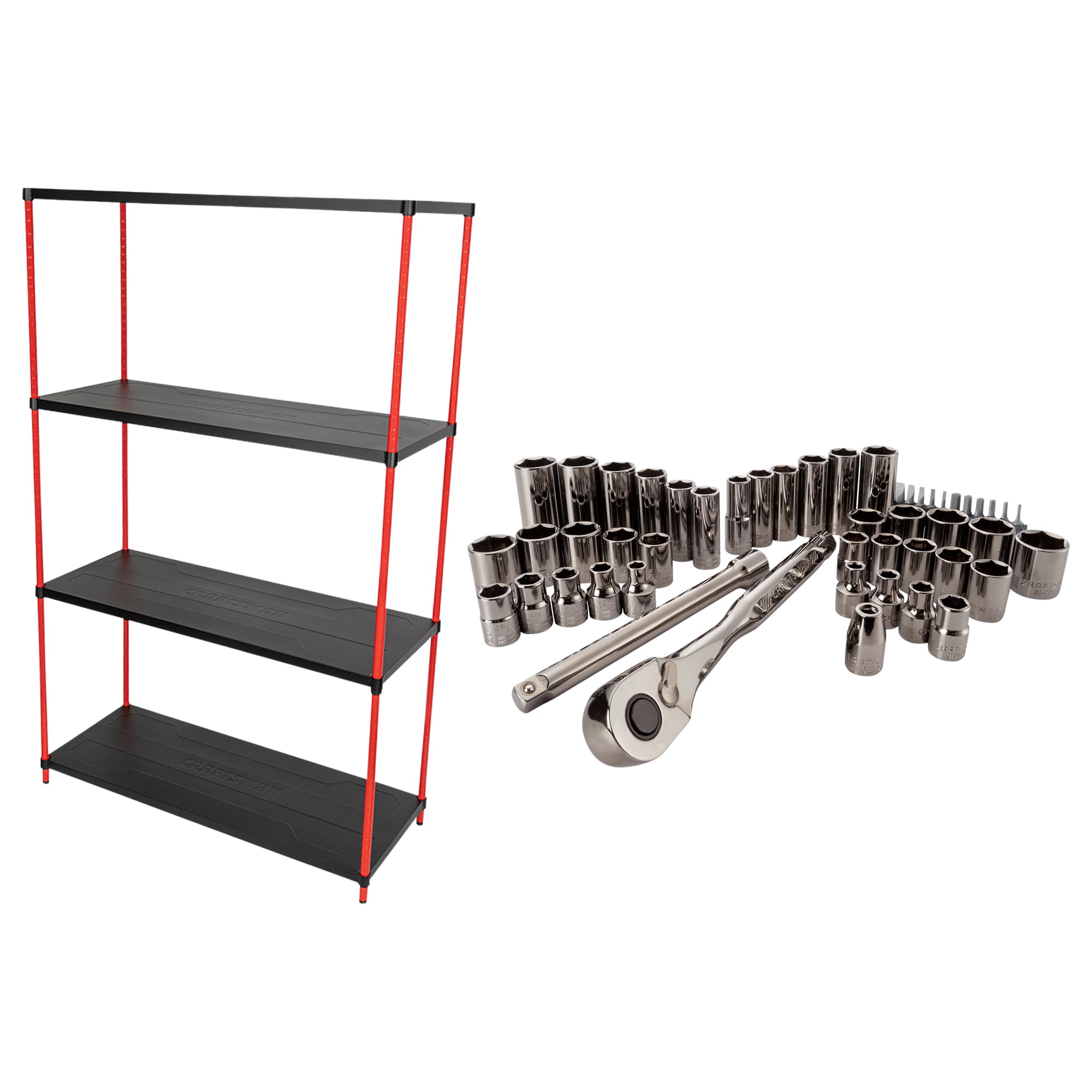 CRAFTSMAN Steel 4-Tier Utility Shelving Unit (45-in W x 18-in D x 72-in H) & Portable 20.5-in Ball-bearing 3-Drawer Red Steel Lockable Tool Box
