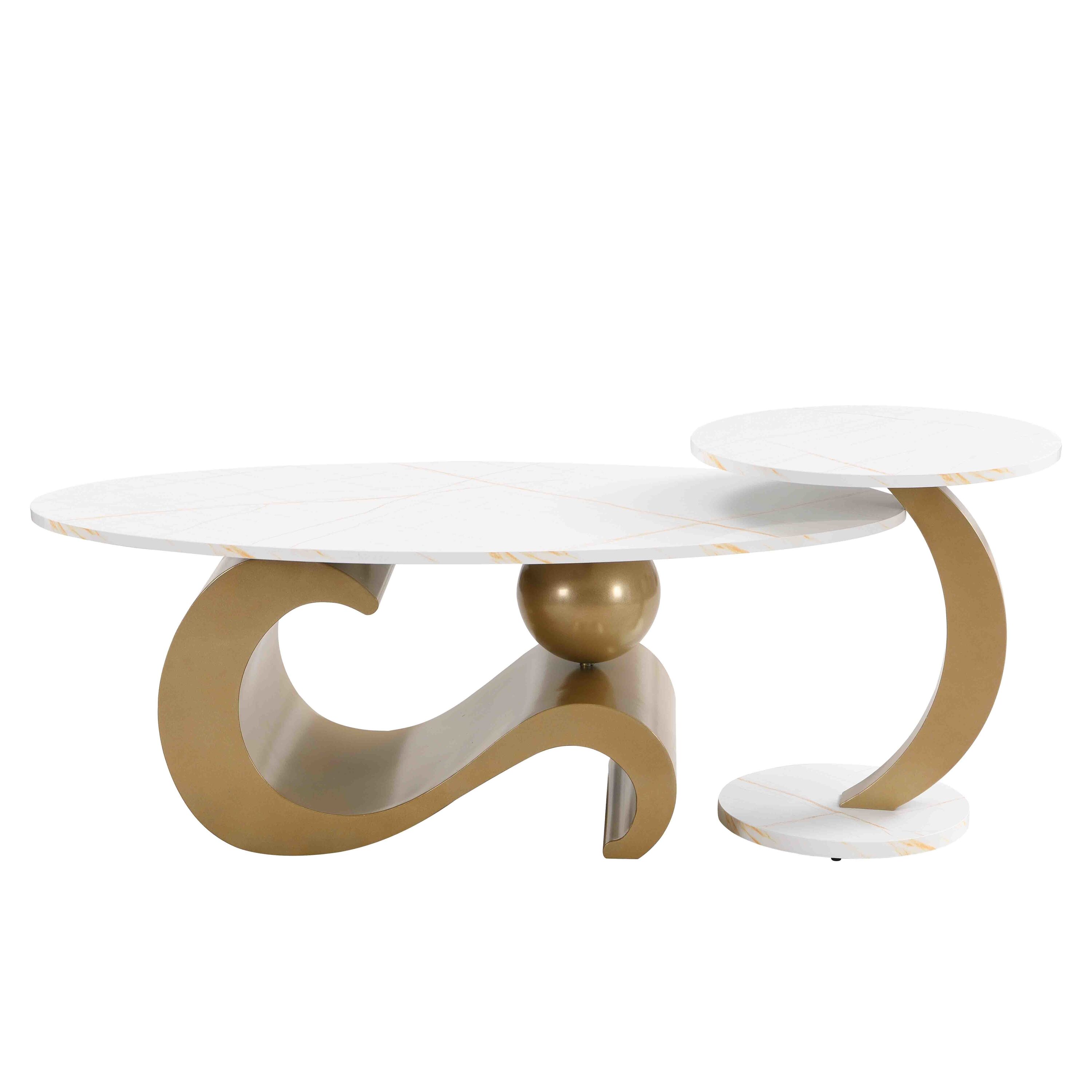 Vynxaria LEXY0434-DJJJ-BZ004 Series 40 in. Golden Oval and Round Faux Marble End Table with 2-Piece Set