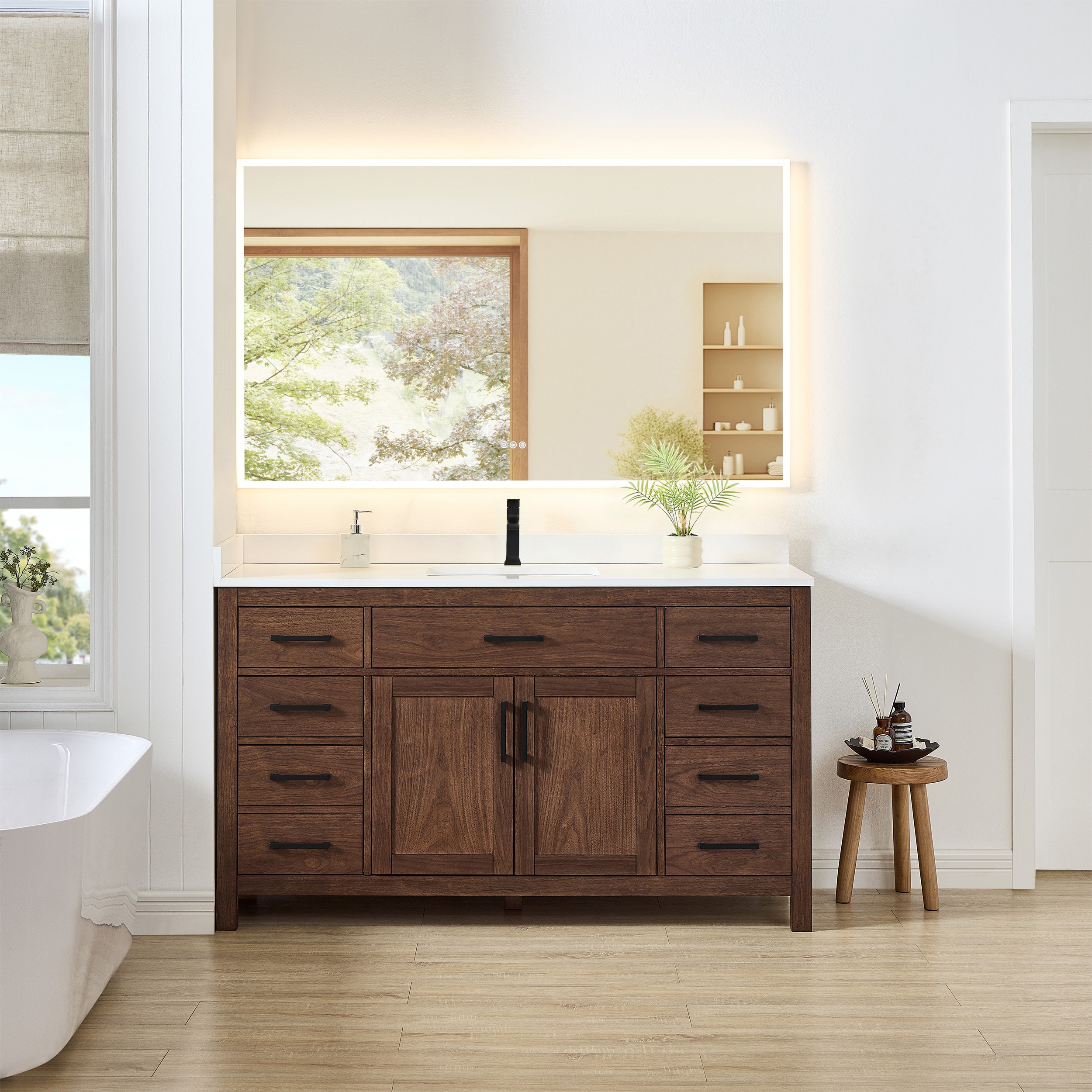 Wyndham Collection Beckett 60-in Dark Walnut with Matte Black Trim Undermount Single Sink Bathroom Vanity with White Cultured Marble Cultured Marble Top