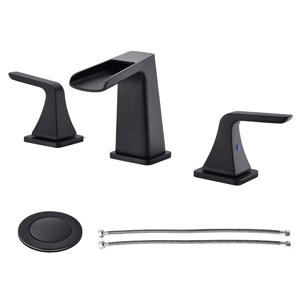 Clihome Sink Faucet Matte Black 2 Handle Widespread Watersense Bathroom Sink Faucet With Drain 4970