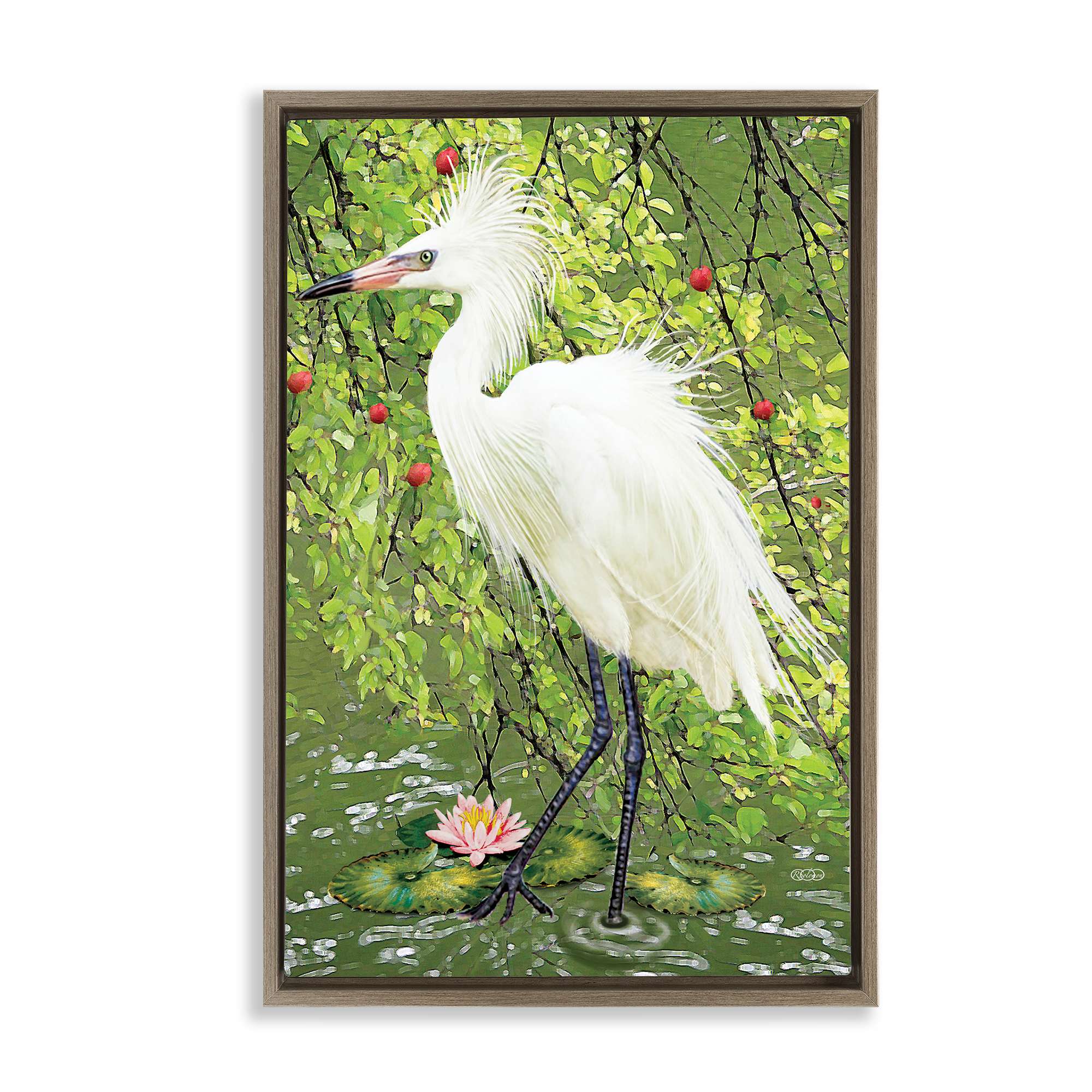 Stupell Industries BT-357-FFE-16X24 Sophisticated Heron in Pond Shore Brown Framed Floater Canvas Wall Art By Rosiland Solomon 17 x 25