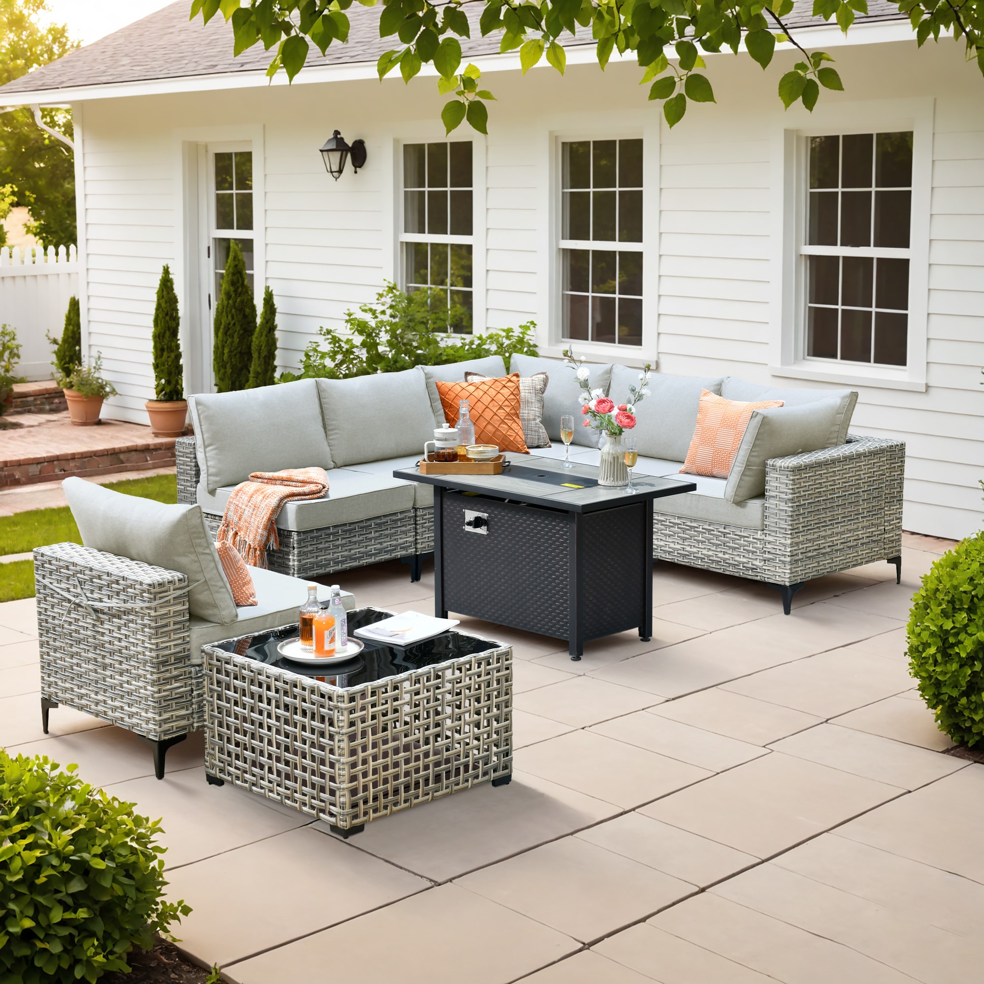 Pouuin SDFPSKT407 14 -Piece Wicker Patio Sofa Conversation Set with Gray Cushions