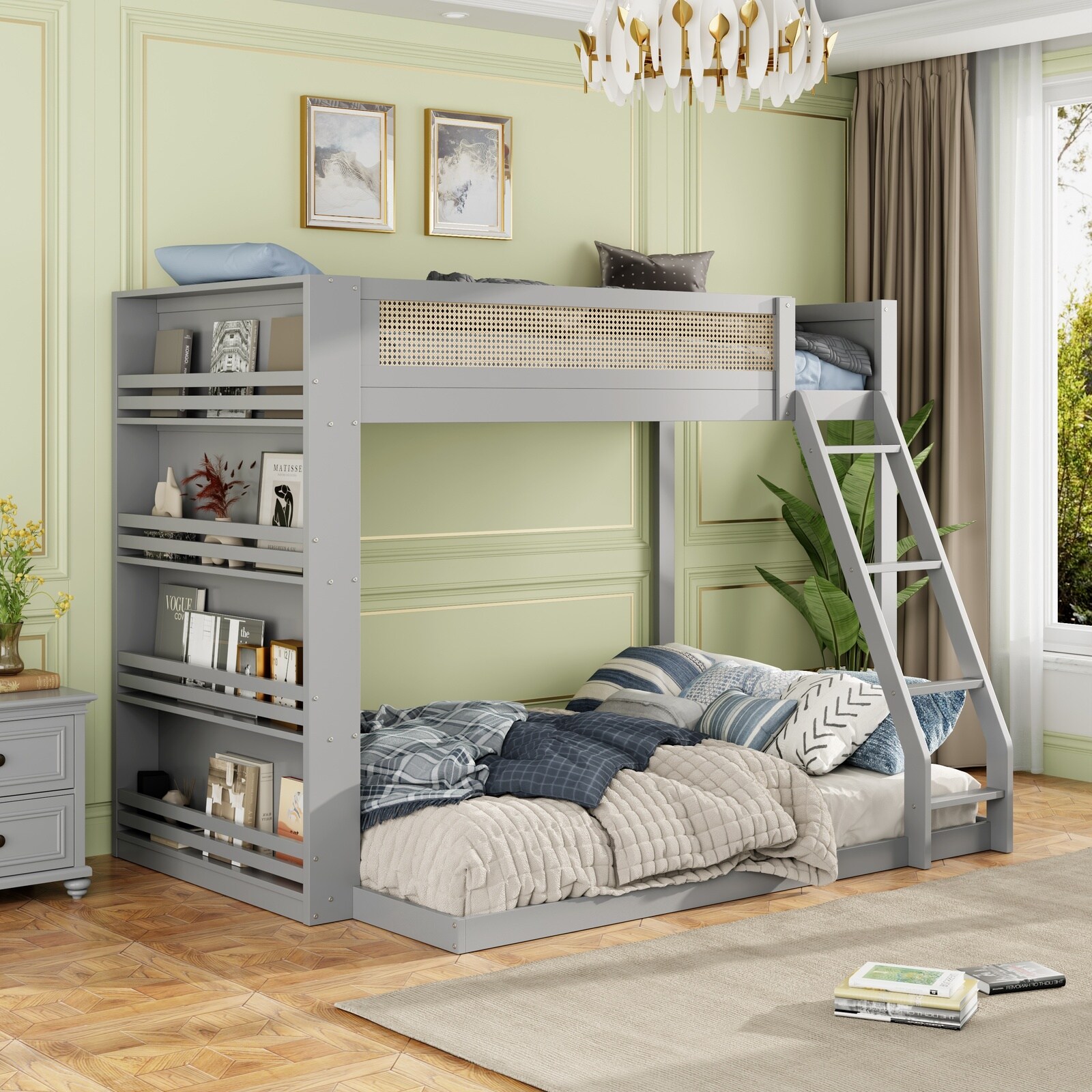 Horizons Prime Twin over Full Gray Solid Wood Bunk Bed with Shelf and LED Lighting