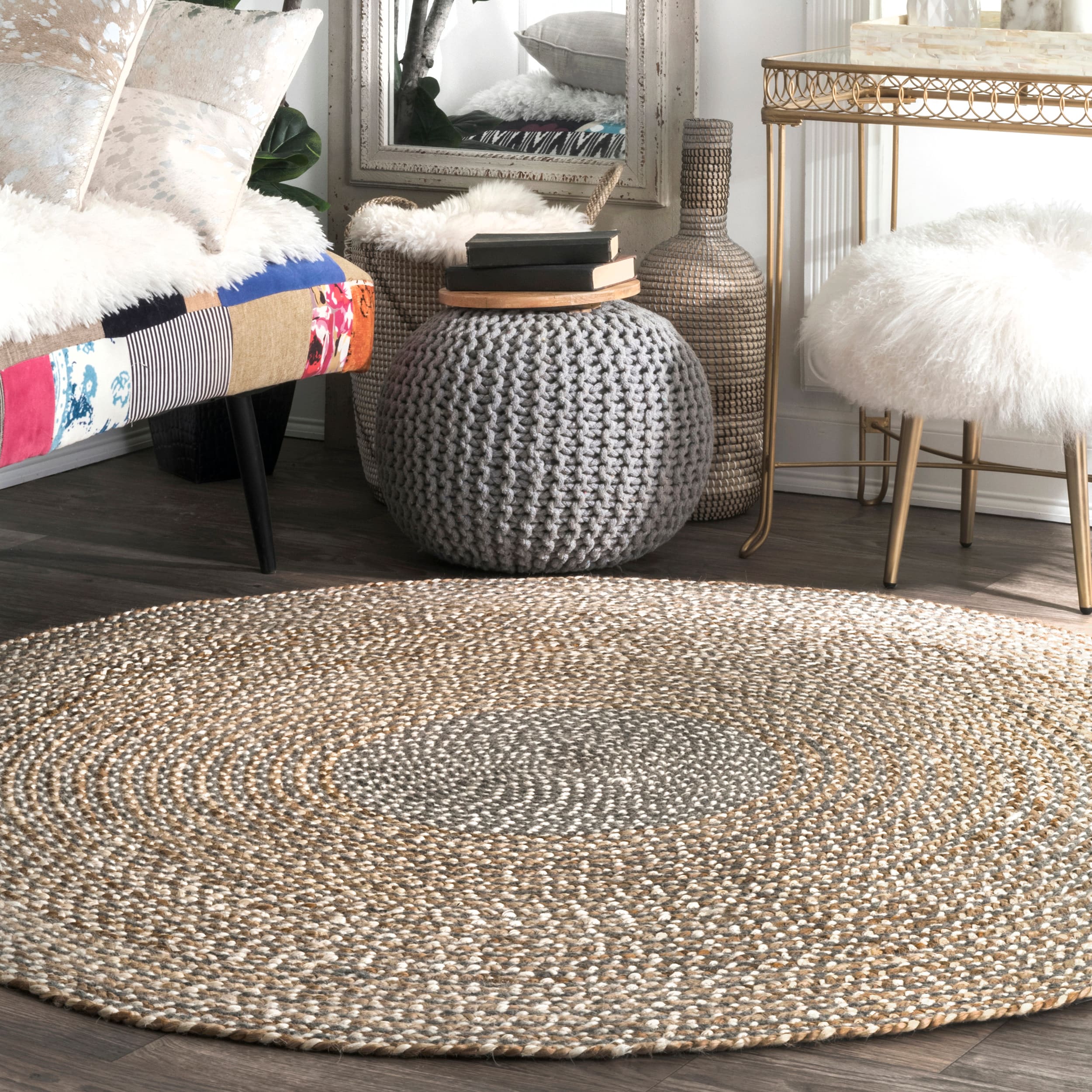 Abstract Hand Braided Oval Beige Jute Rug With Orange Triple Line