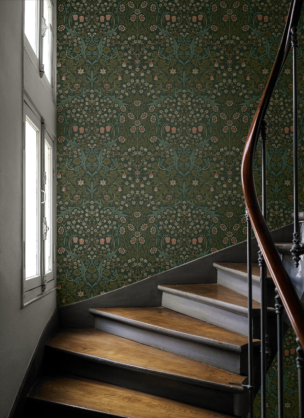 Victorian Garden Green Damask Self-Adhesive Peel and Stick Wallpaper
