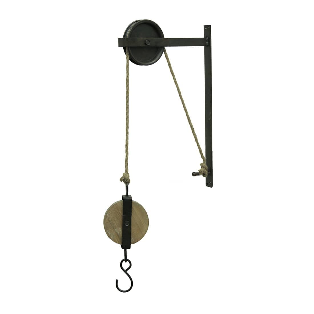 Zeckos STI-E18290 Rustic Vintage Charm - Matte Brown Metal and Wood Pulley and Hook Wall-Mounted Plant Hanger - 30 Inches High - Antique-Inspired Decor for Western Ambiance