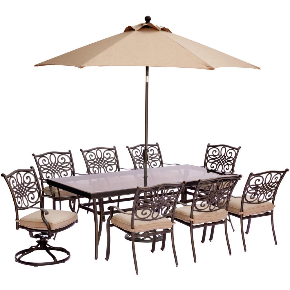Hanover TRADDN9PCSW2G-SU Traditions 9-Piece Bronze Patio Dining Set with Tan Cushions