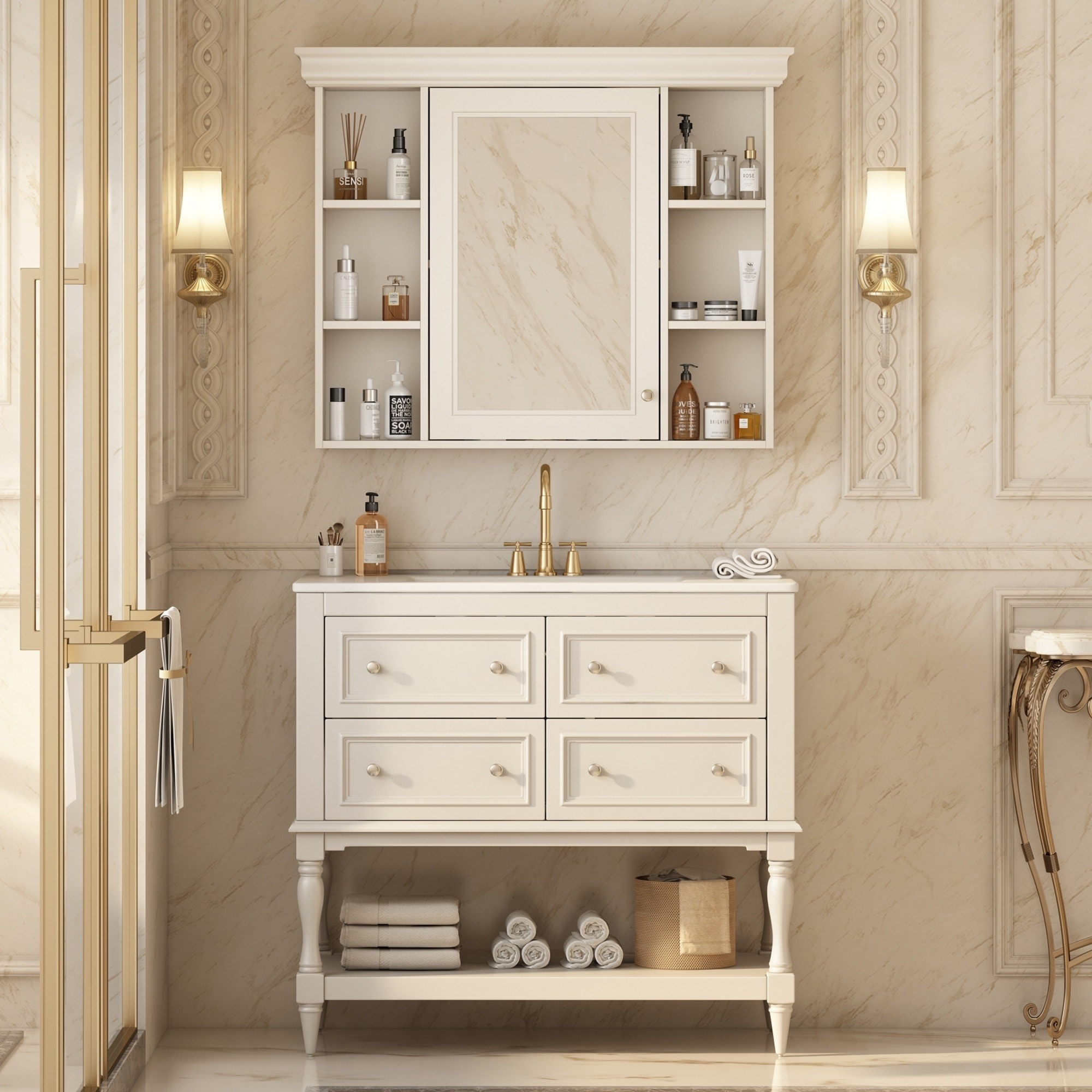 IAK 36 inch Beige Solid Wood Frame Bathroom Vanity with Medicine Cabinet and 4 Drawers