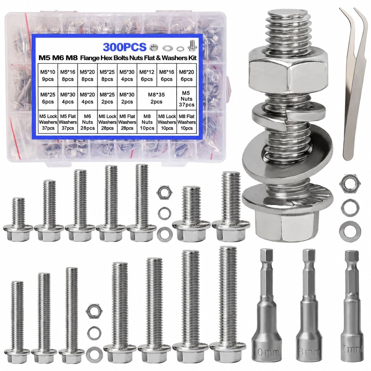 KHKFY 300pcs M5 M6 M8 Flanged Hex Head Bolts Nuts and Washers Assortment Kit with Hex Sockets in Stainless Steel durable home and garden #LKH0821H082