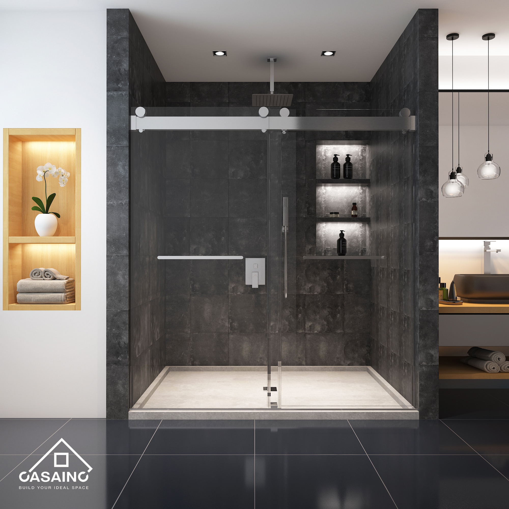 CASAINC CABN02-72 Sliding Frameless Shower Door Brushed Nickel 72-in W x 76-Inches H Frameless Standard Sliding Shower door 3/8-in Thick Clear Glass