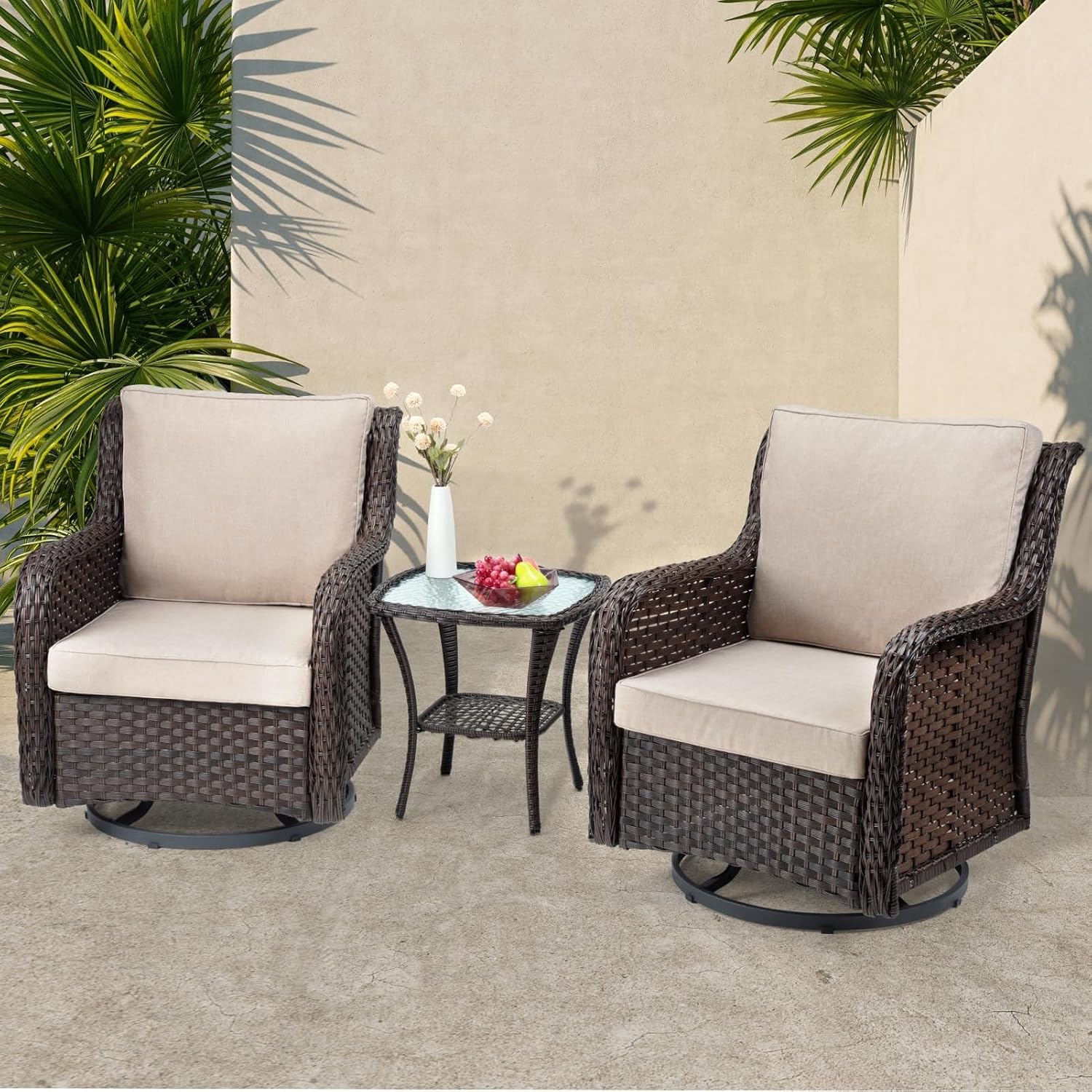 GAOMON 3-Piece Wicker Glider Rocking Set with Table- 360 Degrees Swivel Thick Cushions for Porch- Beige one_size | CJH-CHAIR-PHO209032