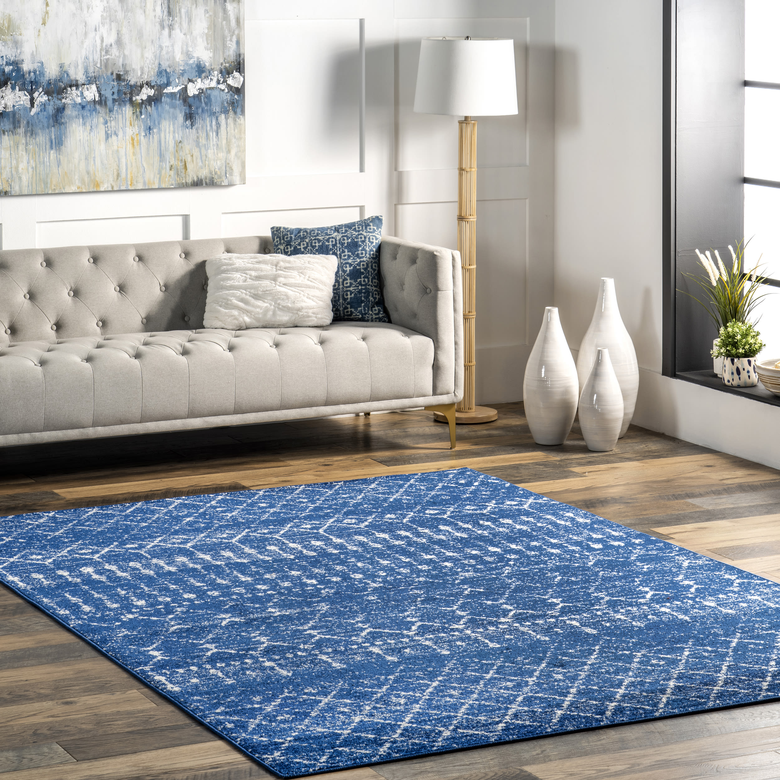 Blue Rectangular 4' x 6' Moroccan Trellis Area Rug