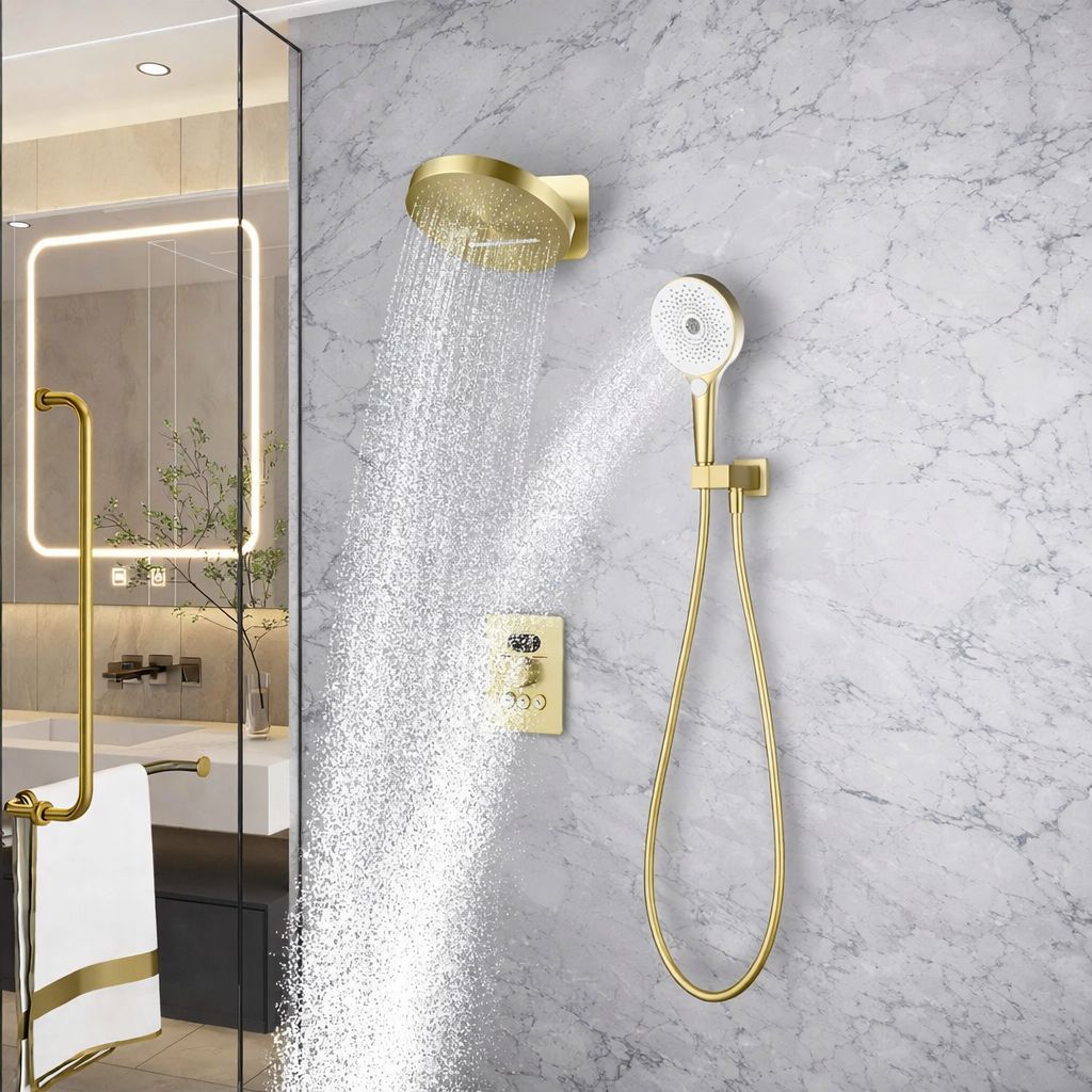 WELLFOR JLTH3 Brushed Gold 12.6-in Waterfall Dual Head Built-In Shower Faucet System with 3-way Diverter ( Thermostatic Valve Included )
