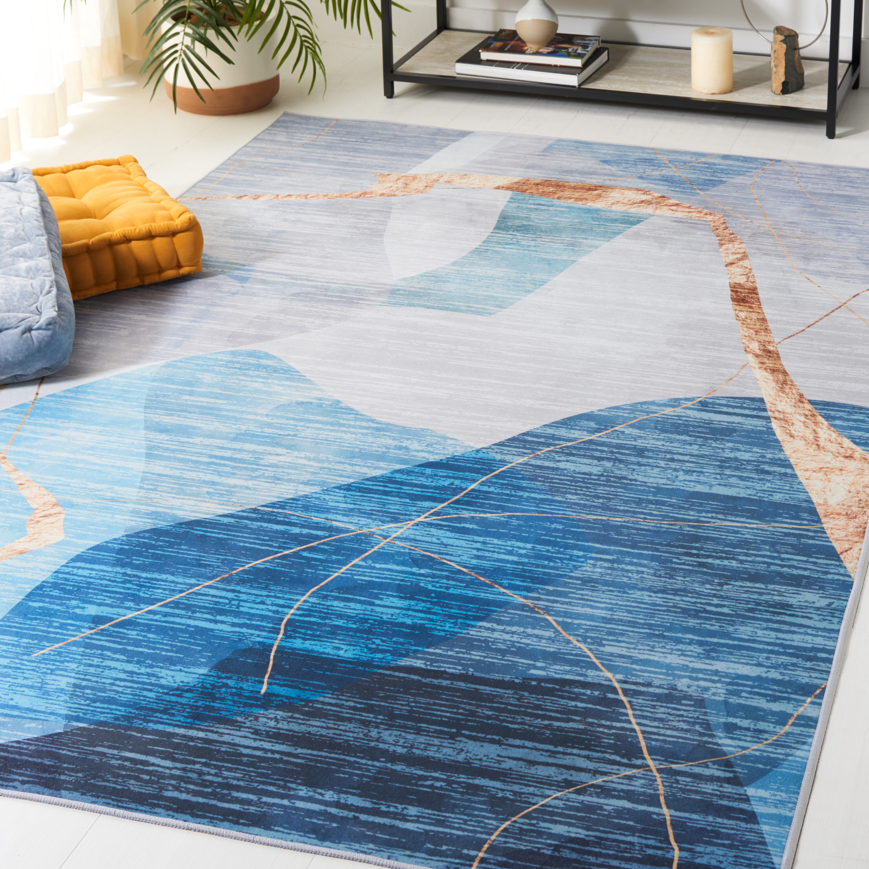 Tacoma 836M Blue Gold Machine Washable/Slip Resistant 4ft x 6ft Contemporary Rug