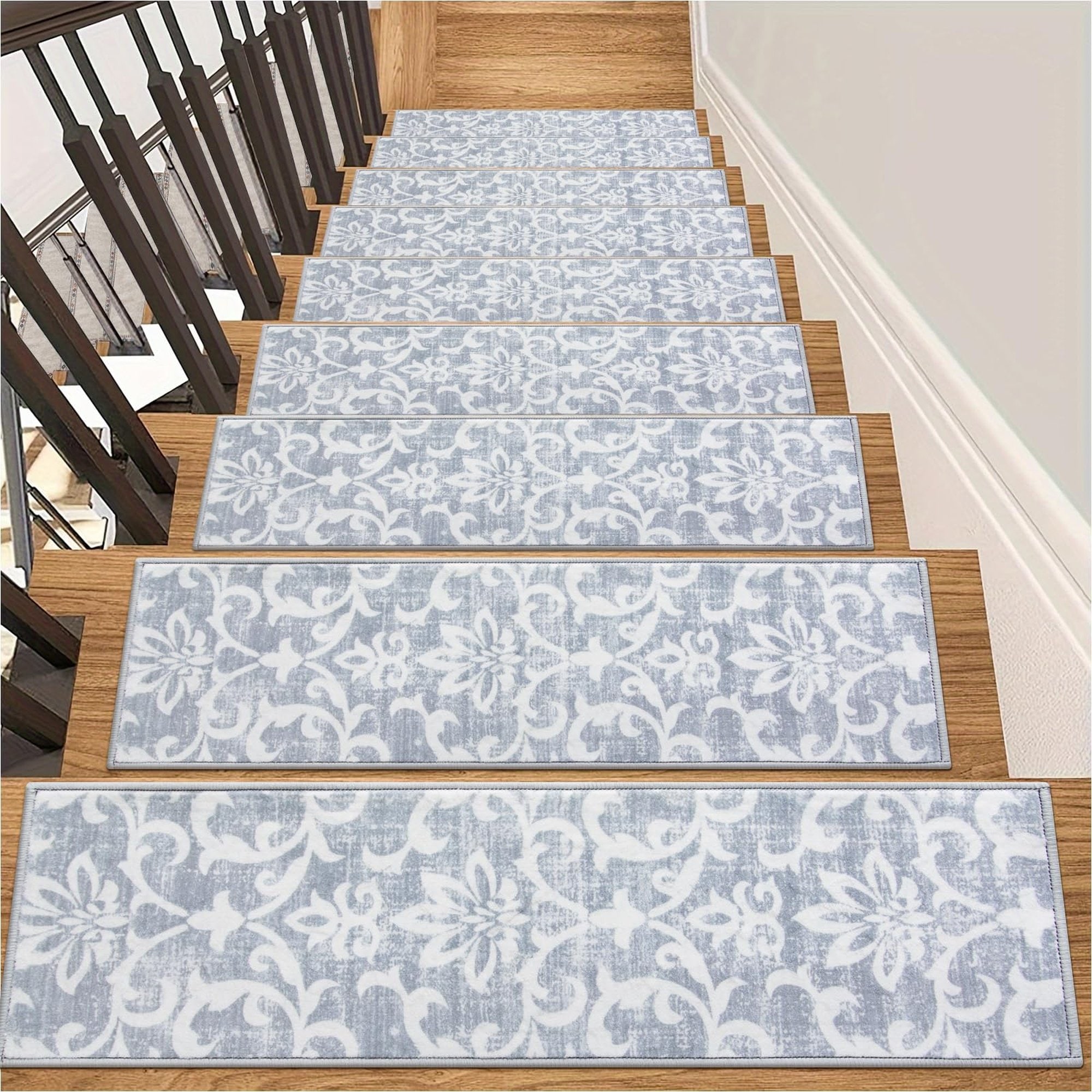 OGETFUUR 15 Pack 8in x 30in Grey Non Slip Stair Treads for Indoor Stairs Runners featuring Durable Carpet Construction and Slip Resistant Traction Design