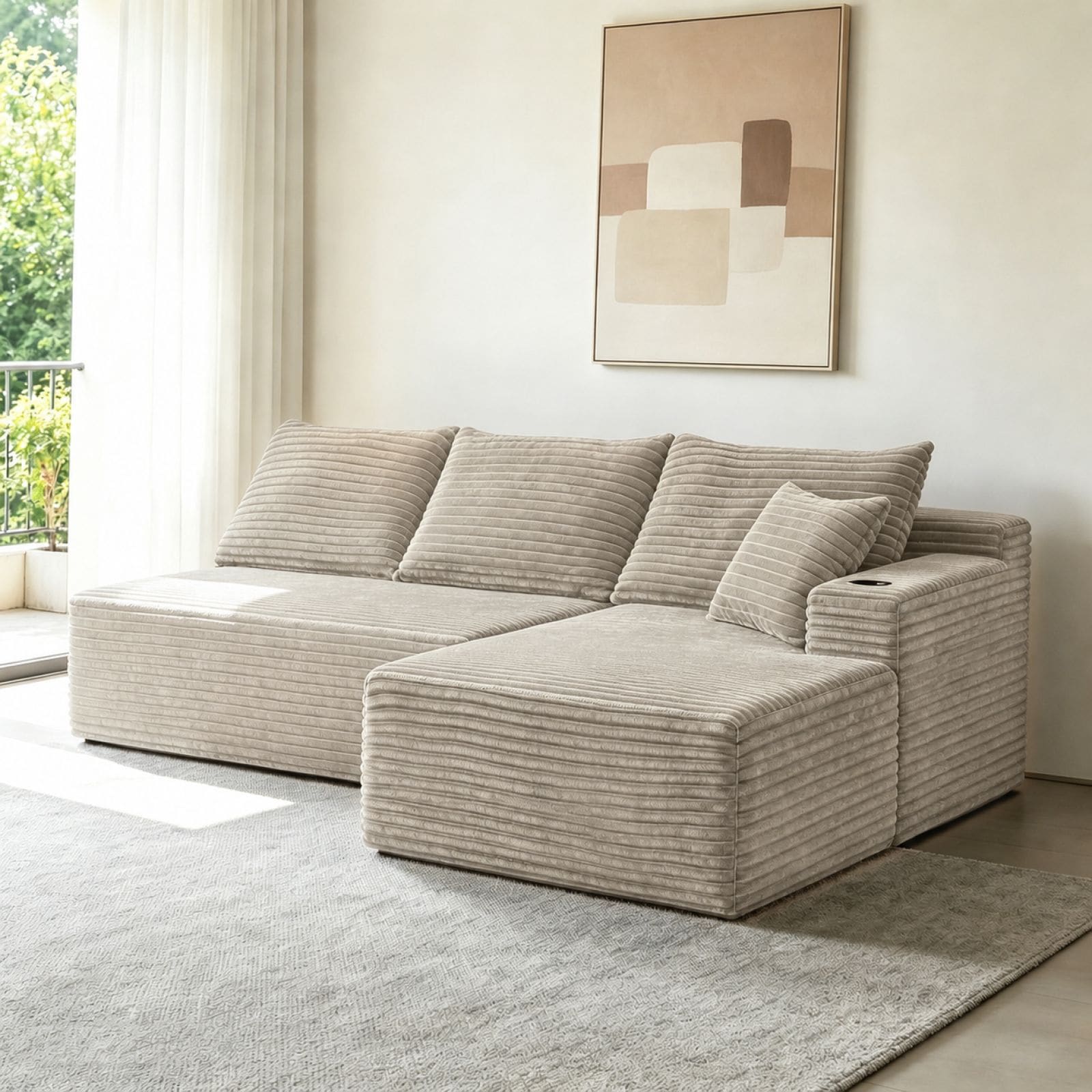 CHITA 96-Inch Camel Modular Sectional Sofa with L-Shaped Chaise and Cup ...